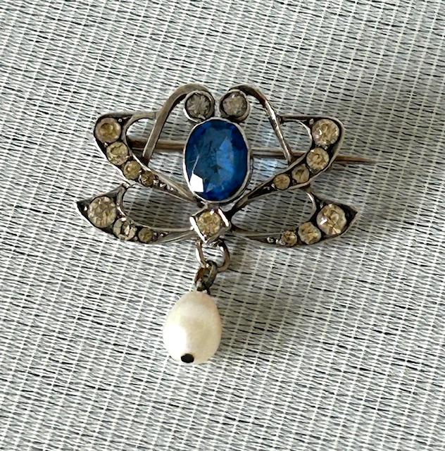German Silver, Pearl & Paste Sapphire & Diamond Brooch (1 of 6)