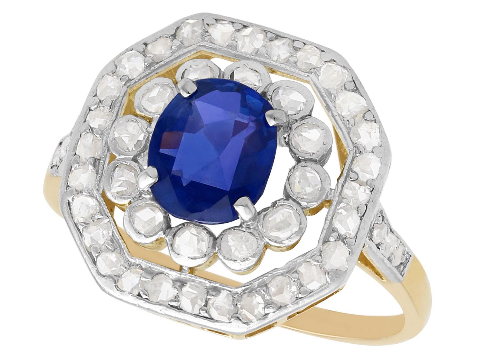 Antique 1.02ct Sapphire & 0.62ct Diamond, 10ct Yellow Gold Cluster Ring (1 of 9)
