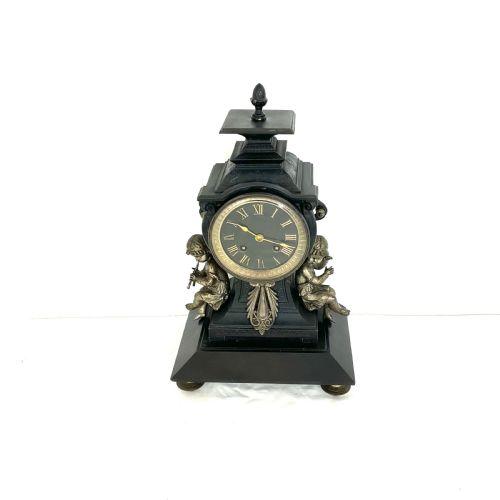 Chinese Influence 19th C. Cast Metal & Black Slate Mantel Clock With  Putti Musicians French 8 Day (1 of 15)