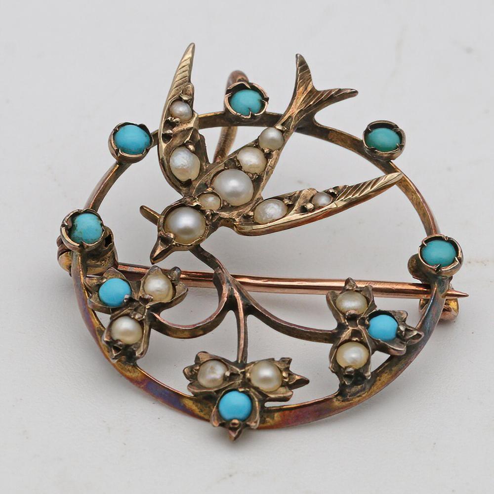 Edwardian Circular Brooch / Pendant with Swallow & Pearls & Turquoise (1 of 2)
