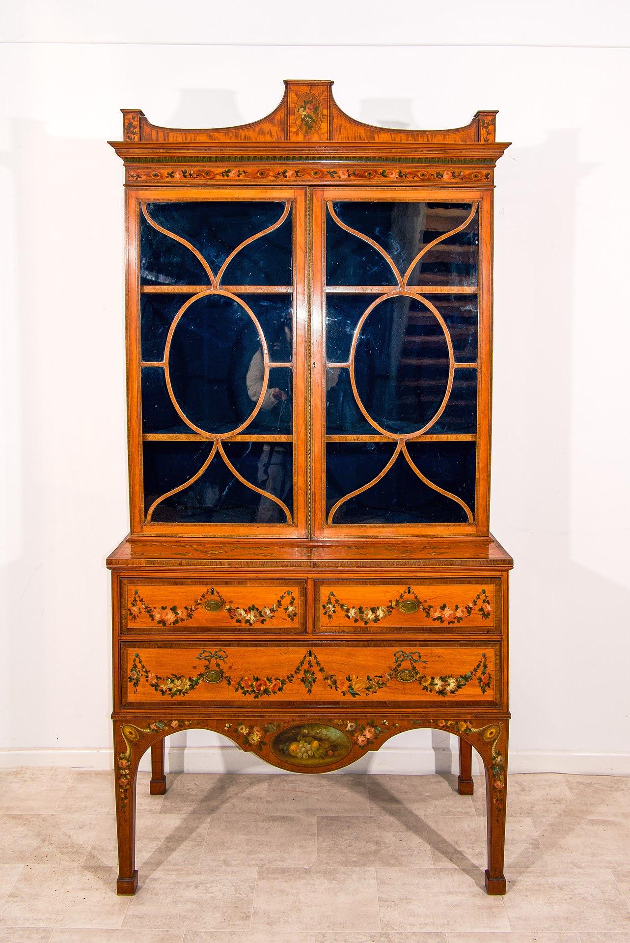 Antique Satinwood Bookcase on Stand with Neoclassical Decoration & Astragal Glazed Doors - Early 20th Century Sheraton Revival (1 of 6)