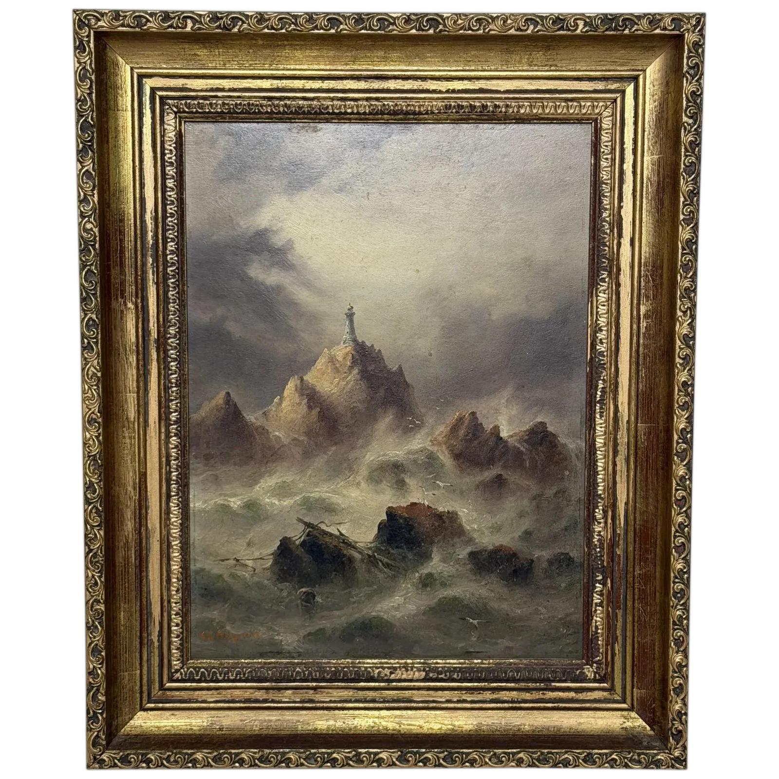 Sarah Louisa Kilpack c.1880 Signed Oil Painting La Corbière Lighthouse, Jersey with Shipwreck (1 of 49) Sarah Louisa Kilpack c.1880 Signed Oil Painting La Corbière Lighthouse, Jersey with Shipwreck (1 of 49)