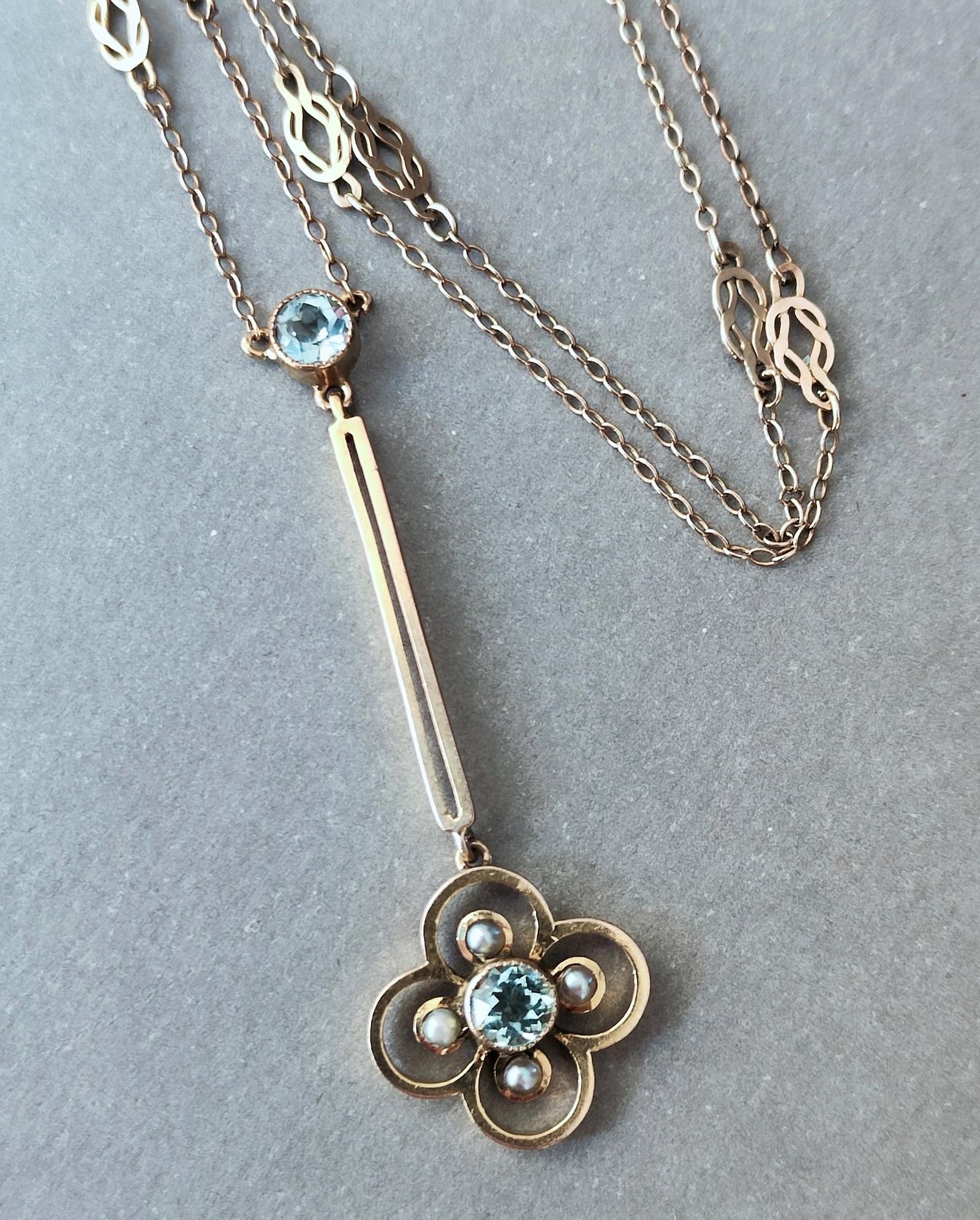 Art Nouveau Elegant Victorian 9ct Aquamarine Pearl Necklace (1 of 10)