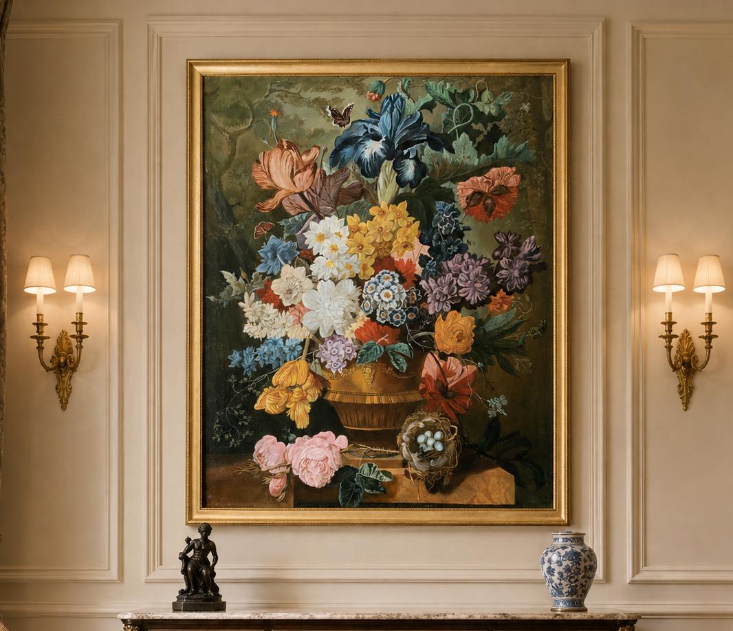 Large Antique Still Life Oil Painting Dutch Flowers, Birds Nest & Butterfly (1 of 15) Large Antique Still Life Oil Painting Dutch Flowers, Birds Nest & Butterfly (1 of 15)