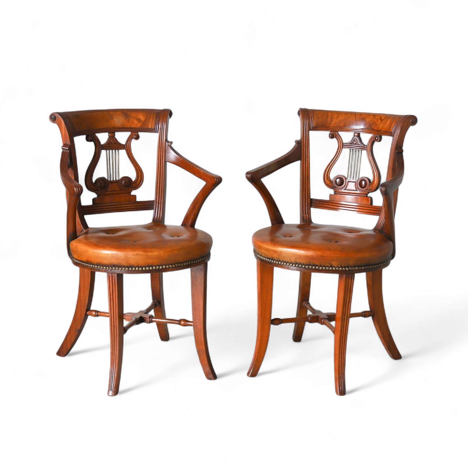 Pair of Antique Lyre Back Chairs for Harpists - Hand‑Dyed Leather Seats (1 of 15)