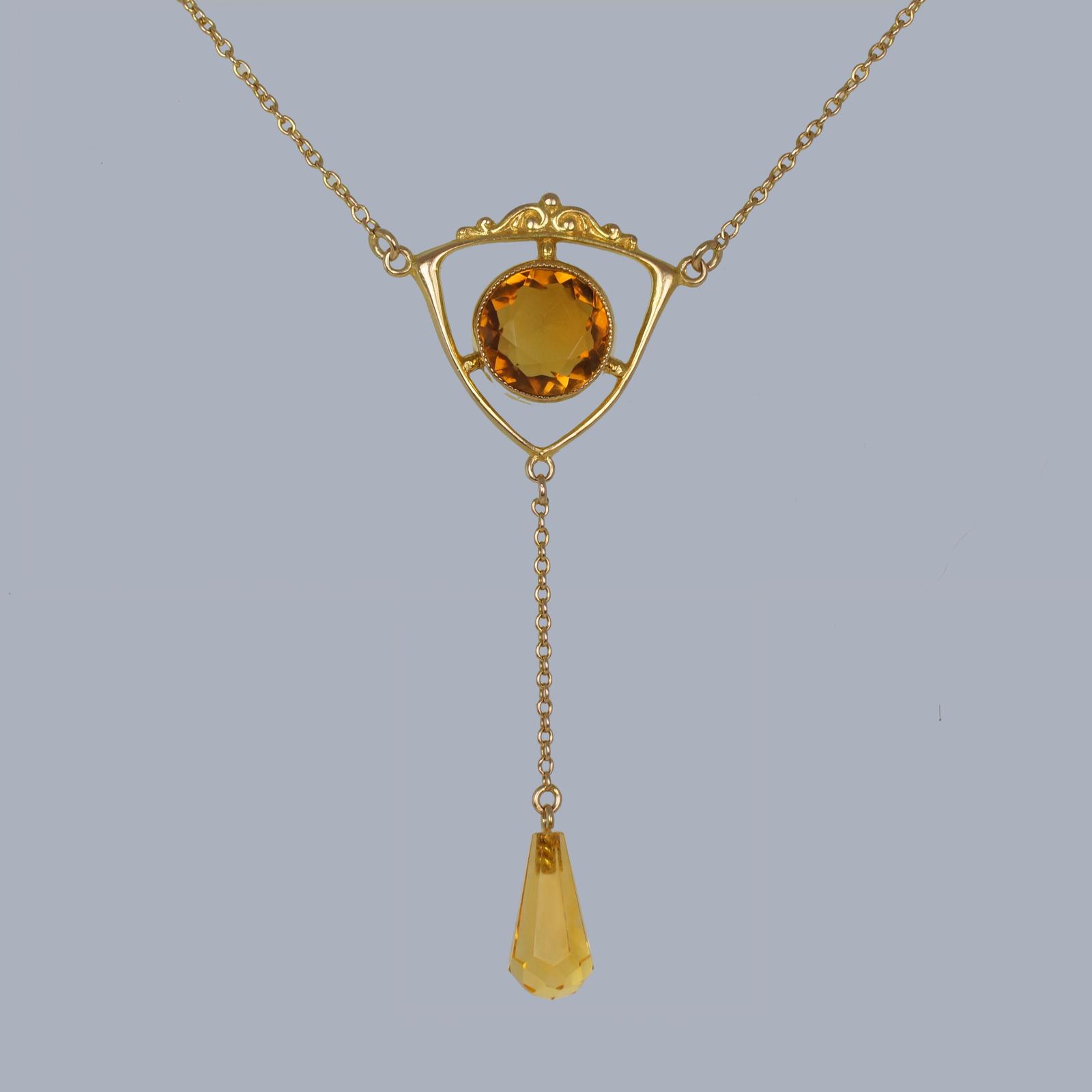 Edwardian Citrine Necklace 9ct Gold 15" Long Antique Citrine Drop Pendant (1 of 8)