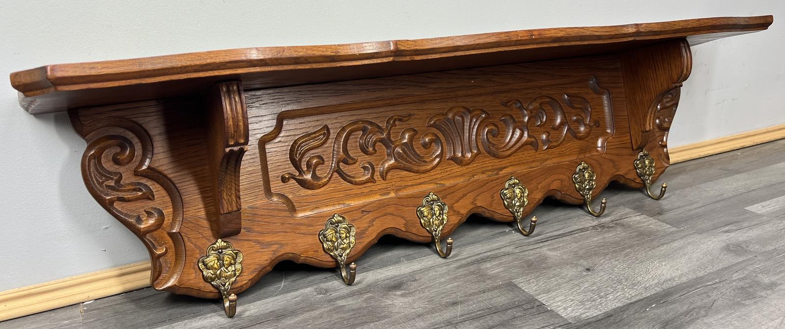 French Vintage Coat Rack Oak 6 Hooks Ornate Wall Shelf Coat (1 of 10)