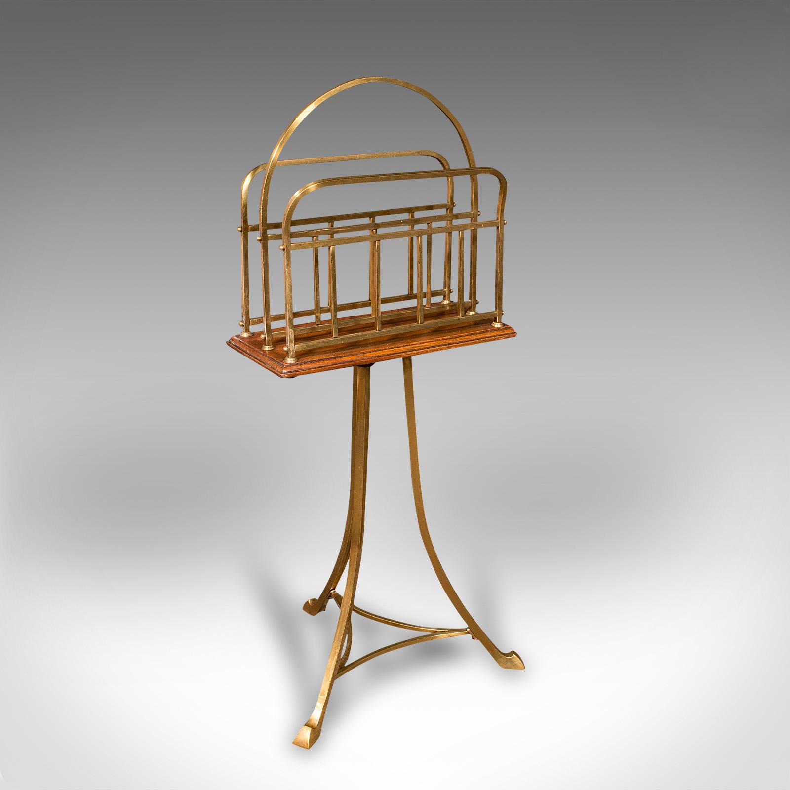 Antique Newspaper Stand, English, Oak, Brass, Magazine Rack, Victorian c.1900 (1 of 8)