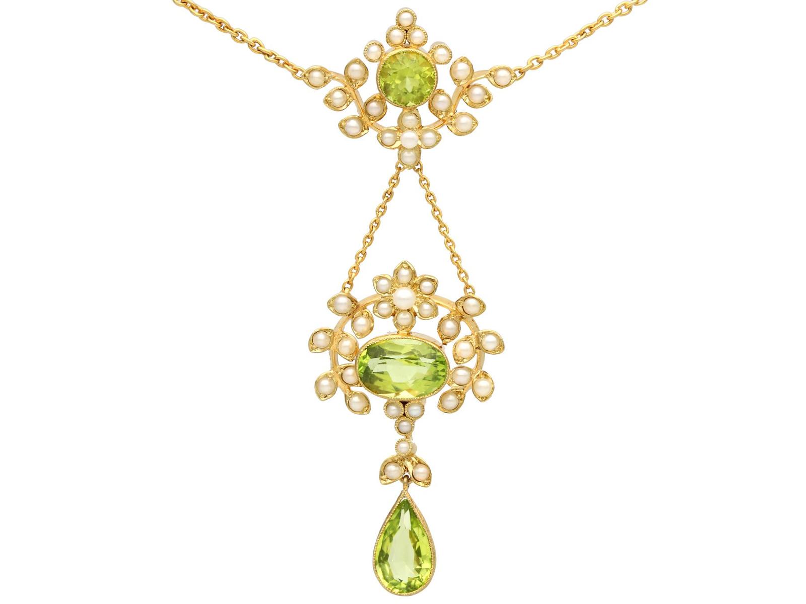 Antique 3.43ct Peridot & Seed Pearl 15ct Yellow Gold Necklace c.1920 (1 of 9)