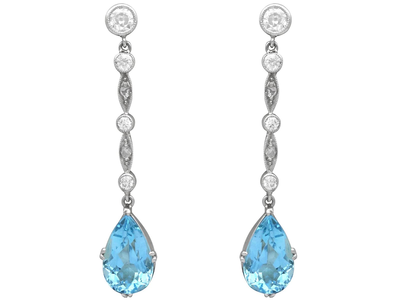 Antique 3.45ct Aquamarine and 0.60ct Diamond, Platinum Drop Earrings Circa 1925 (1 of 11)