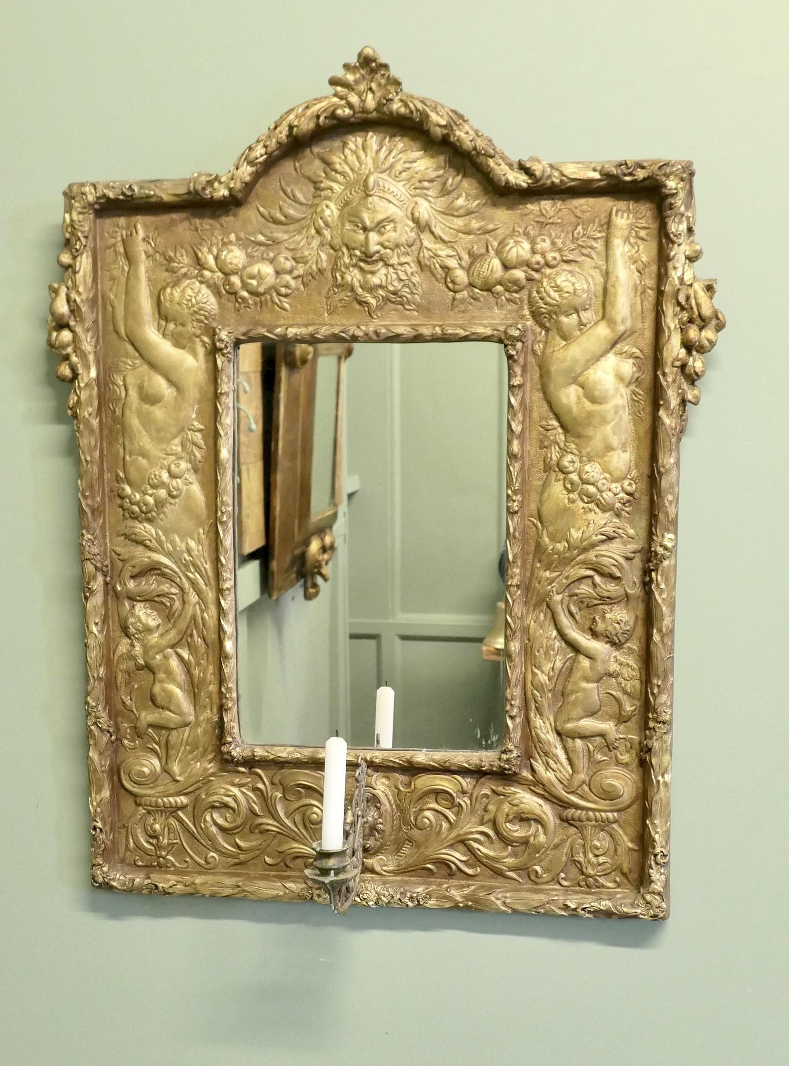 Art Nouveau Hand Beaten Brass Wall Mirror, Girandole (1 of 6) Art Nouveau Hand Beaten Brass Wall Mirror, Girandole (1 of 6)