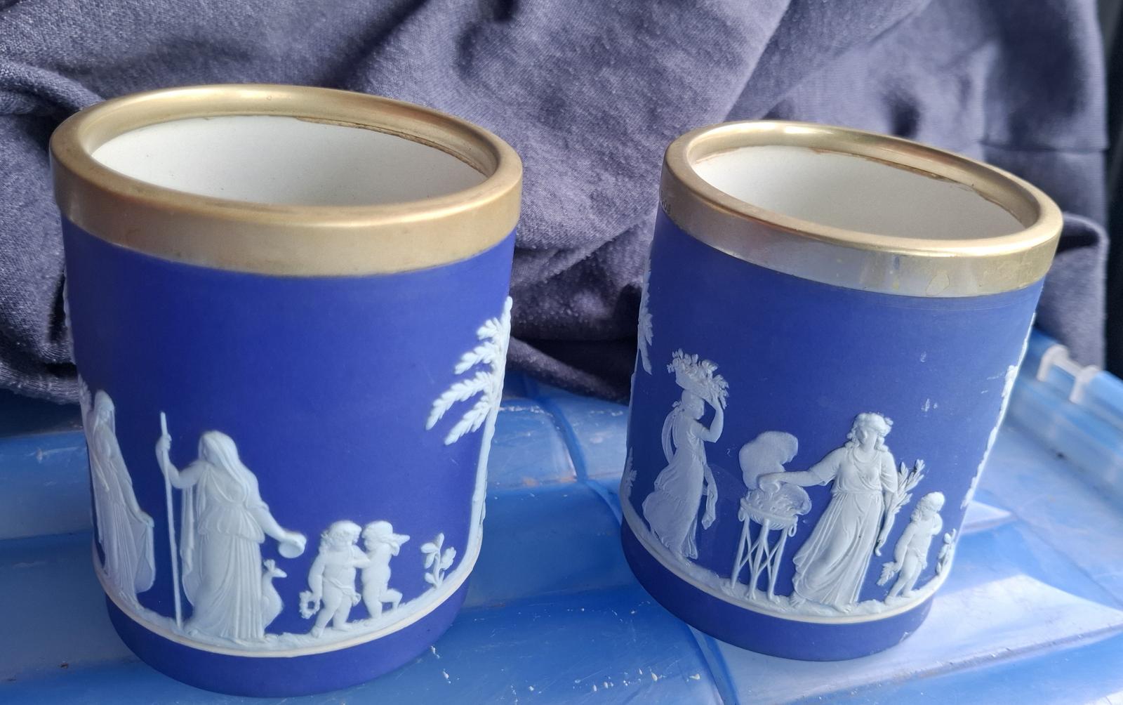 Pair of Early 20th Century Wedgwood Dark Blue Jasper Dip Vases - Silver Plated (1 of 4)