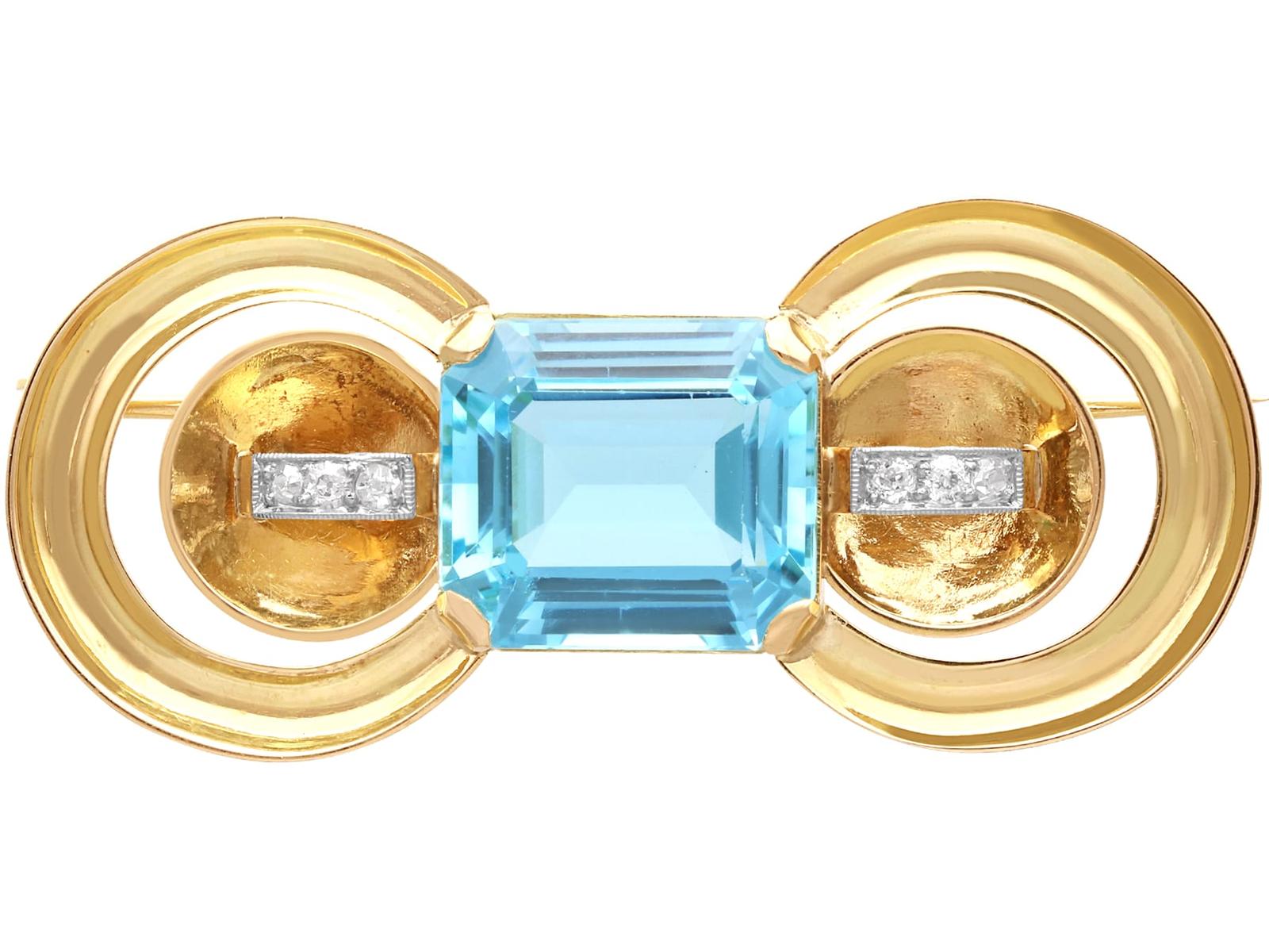 Art Deco 9.10ct Aquamarine & 0.24ct Diamond, 15ct Yellow Gold Brooch c.1925 (1 of 10)