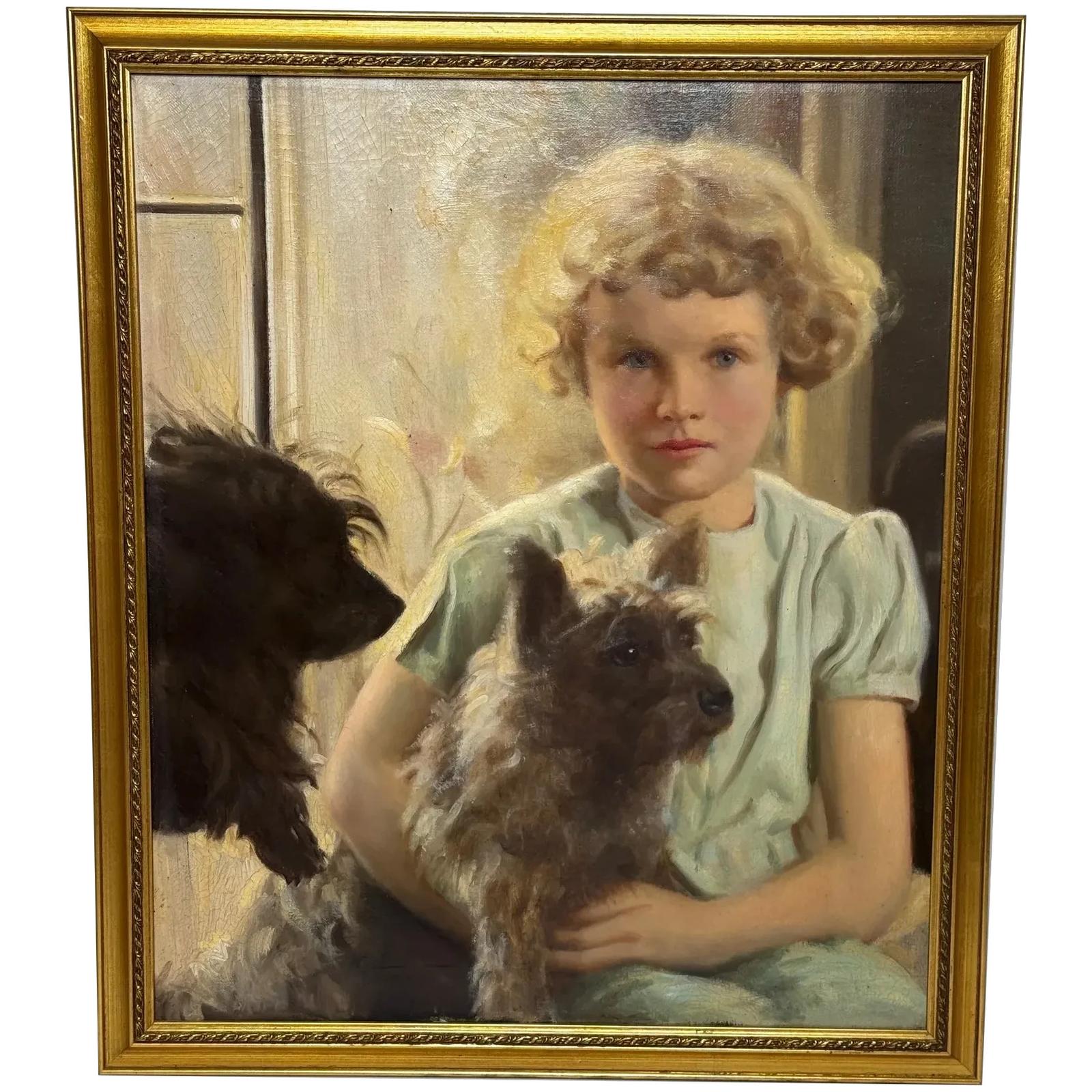 Oil Realist Portrait of Mary with Cairn Terriers in the Manner of Sir Harrington Mann (1864–1937) (1 of 53)