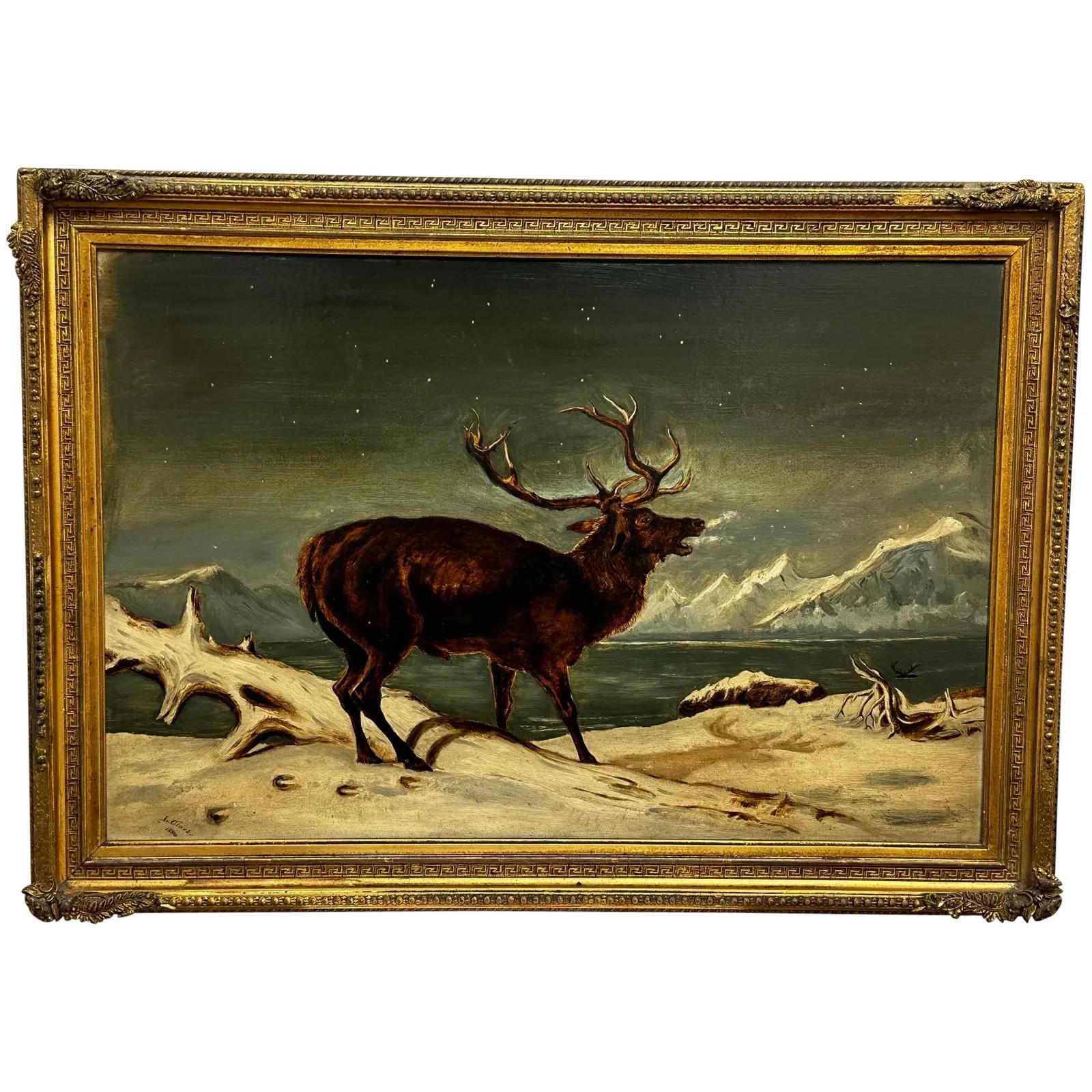 Victorian Oil Painting Winter Monarch of The Glen Stag in Starlit Sky Highlands Loch Fyne (1 of 59)