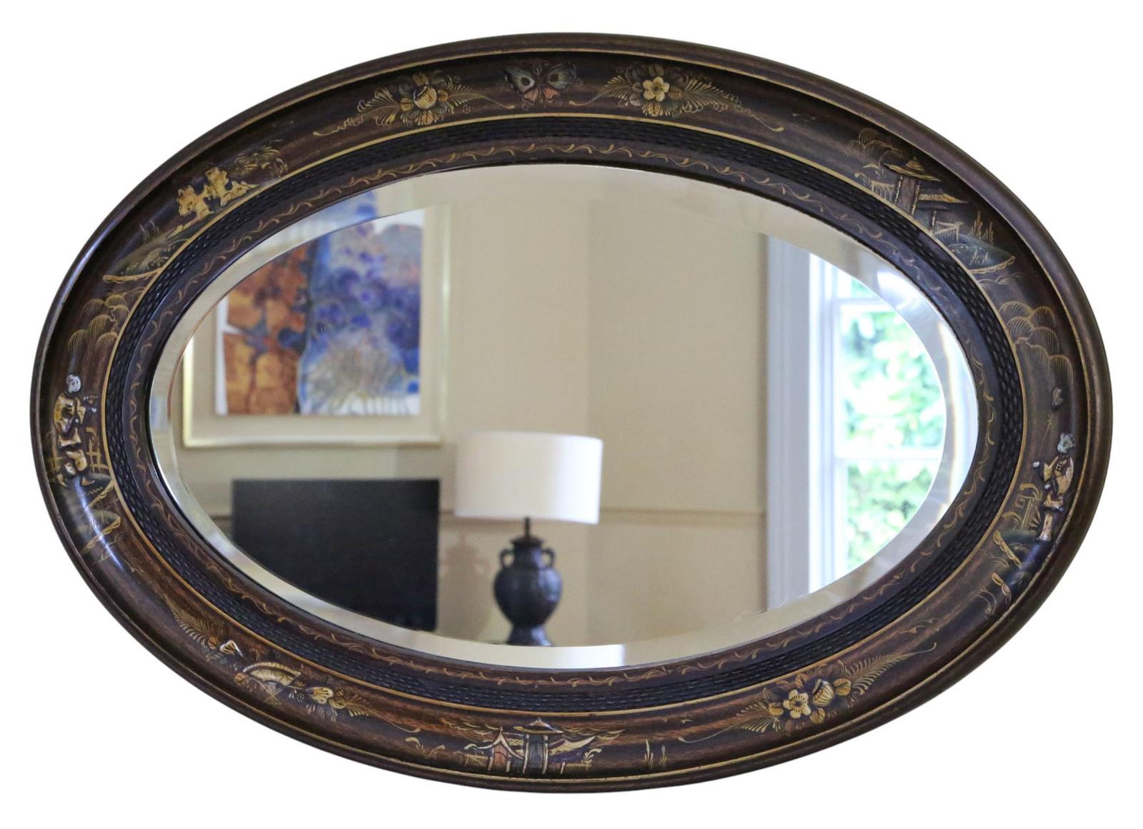 Antique Chinoiserie Oval Overmantle Wall Mirror – Quality Decorated Hardwood Frame c.1915 (1 of 7)