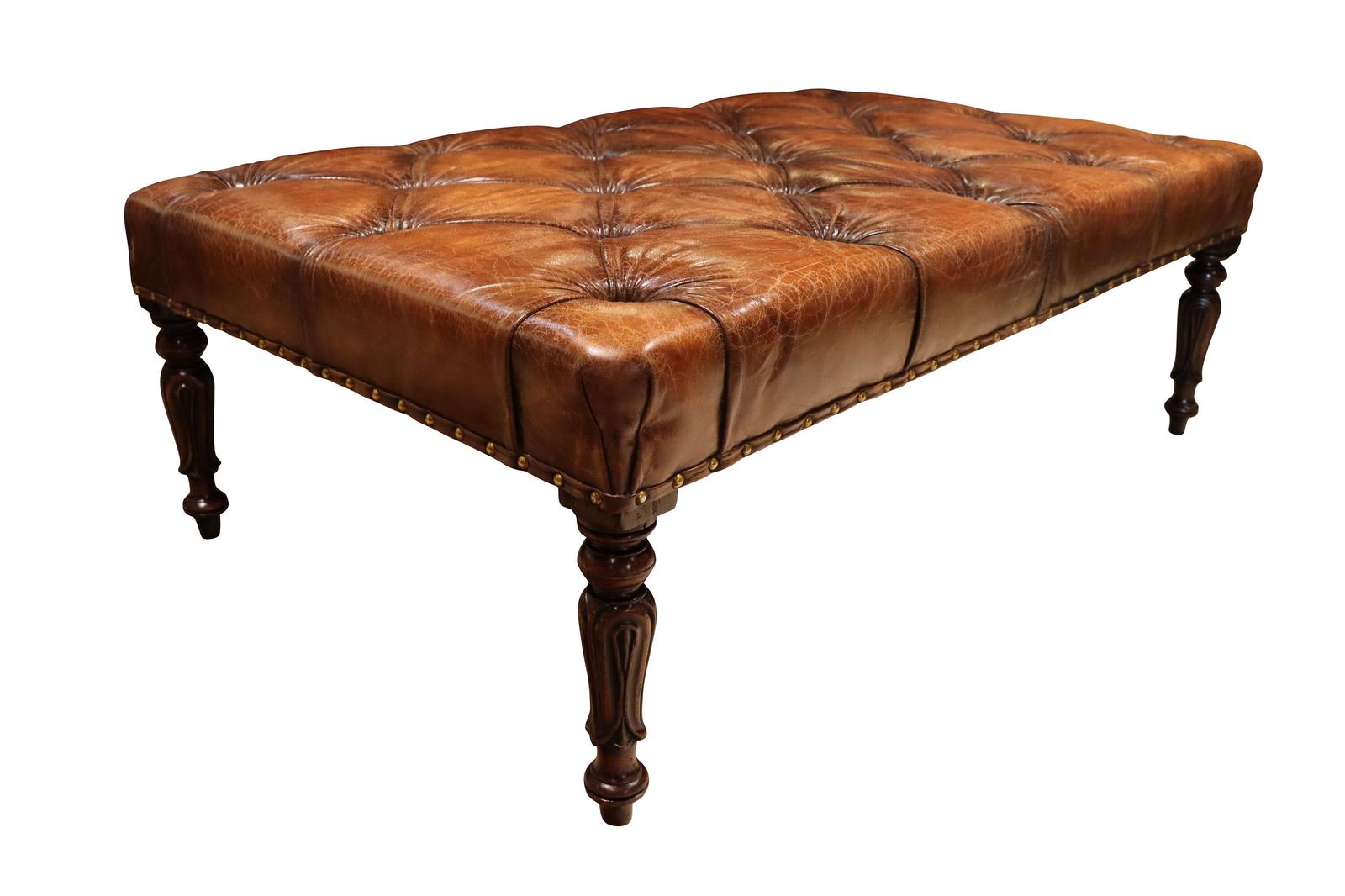 A 19th-Century Mahogany-Framed Deep Buttoned Leather Stool or Coffee Table (1 of 5)