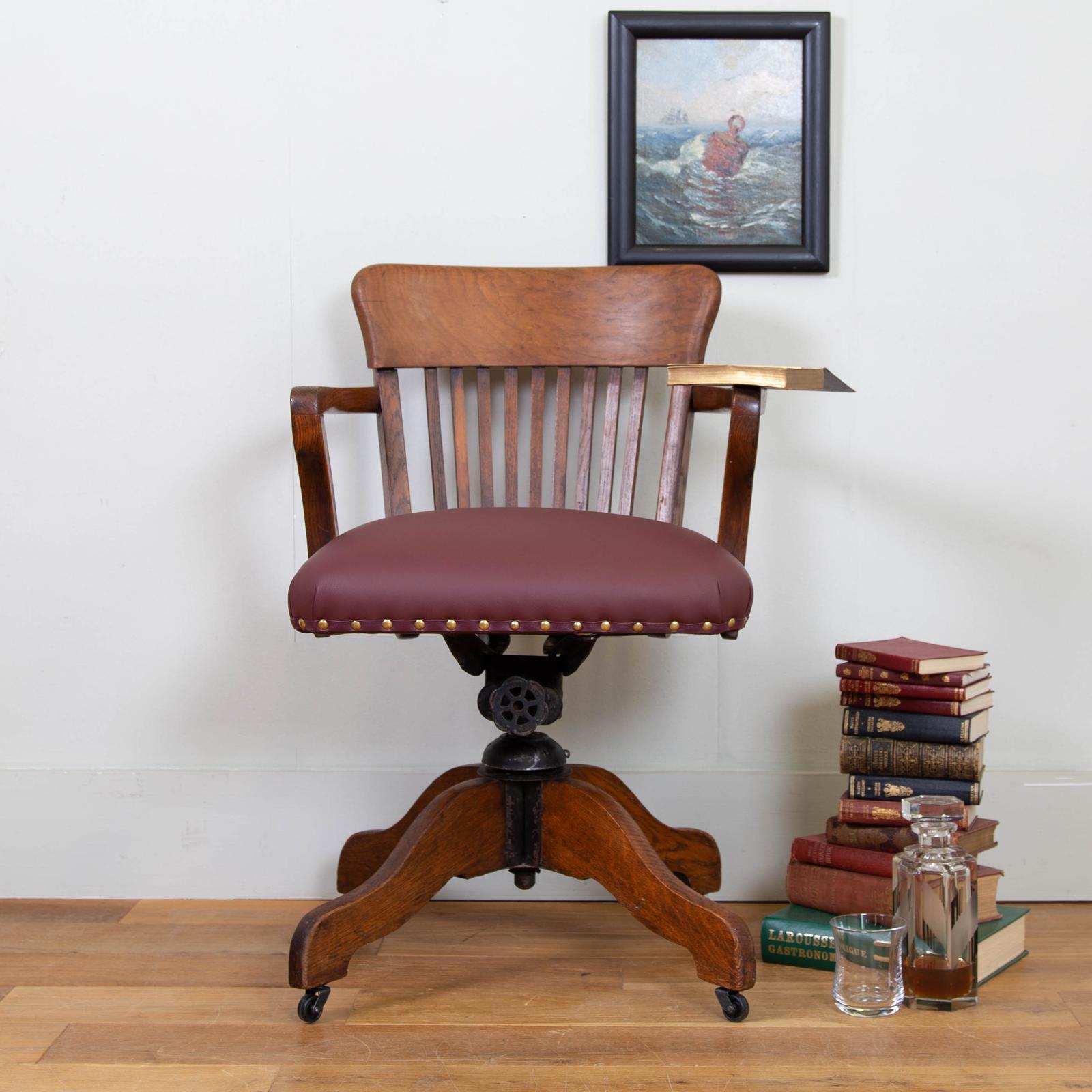 English Edwardian Antique Swivel Oak Office Desk Chair (1 of 14)