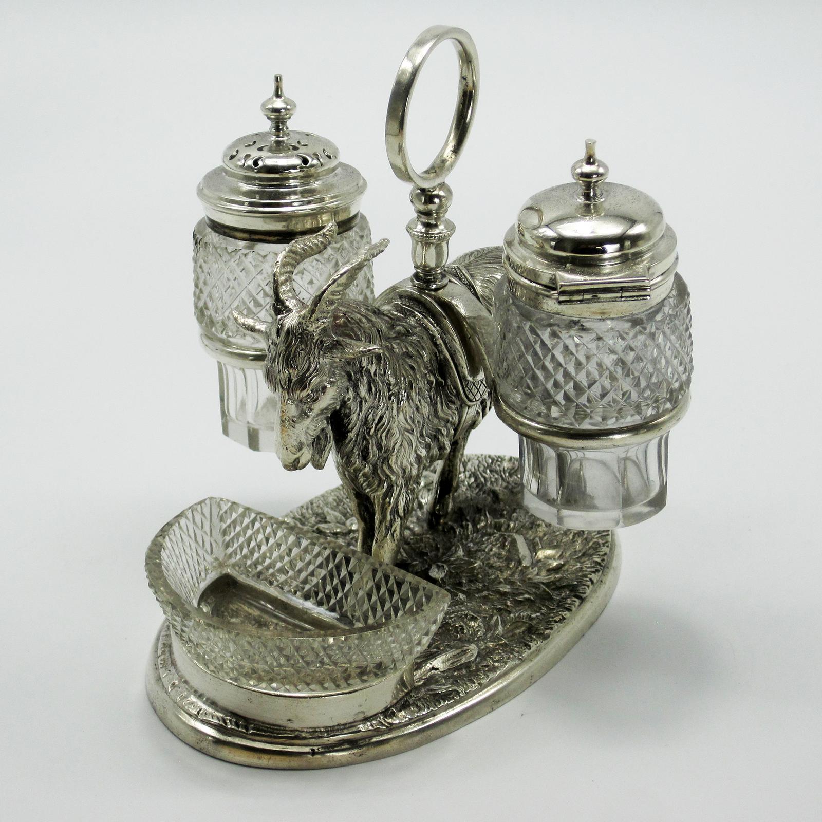 Victorian Cast Silver Plated Novelty Cruet Set of a Goat with Two Cut Glass Condiment Bottles (1 of 6) Victorian Cast Silver Plated Novelty Cruet Set of a Goat with Two Cut Glass Condiment Bottles (1 of 6)