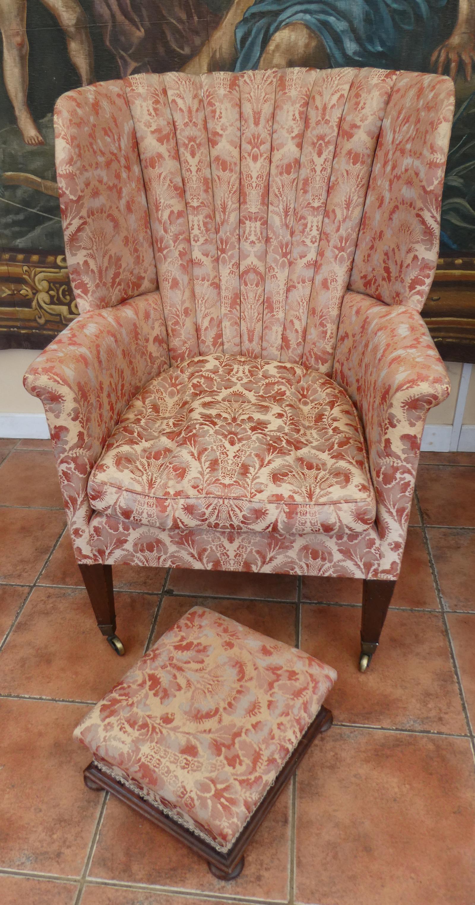Armchair and Matching Foot Stool Fan Back Upholstery Damask 1860 (1 of 19) Armchair and Matching Foot Stool Fan Back Upholstery Damask 1860 (1 of 19)