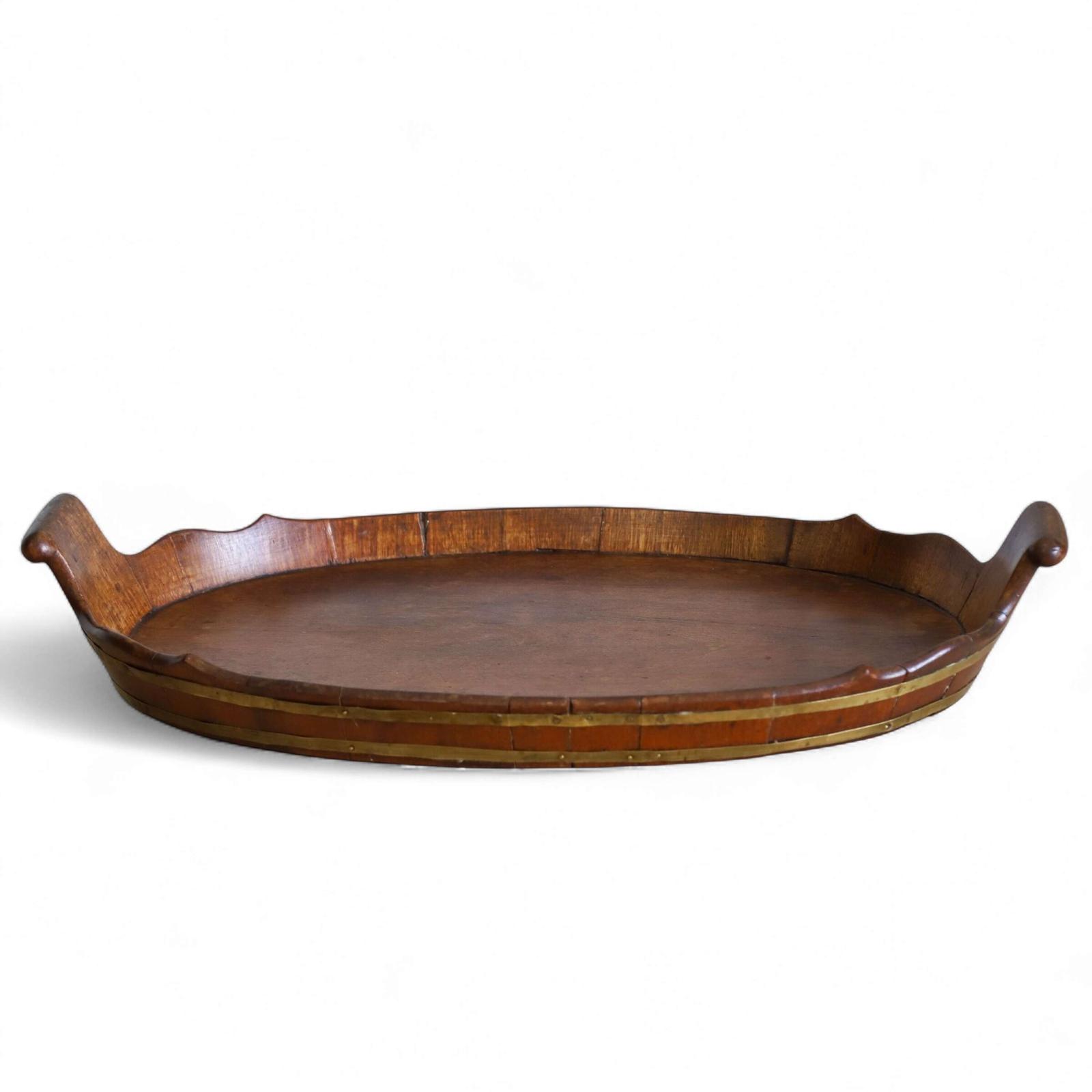 Decorative Oval Wooden Tray with Brass Banding - Coopered Construction Shapely Handles (1 of 8)