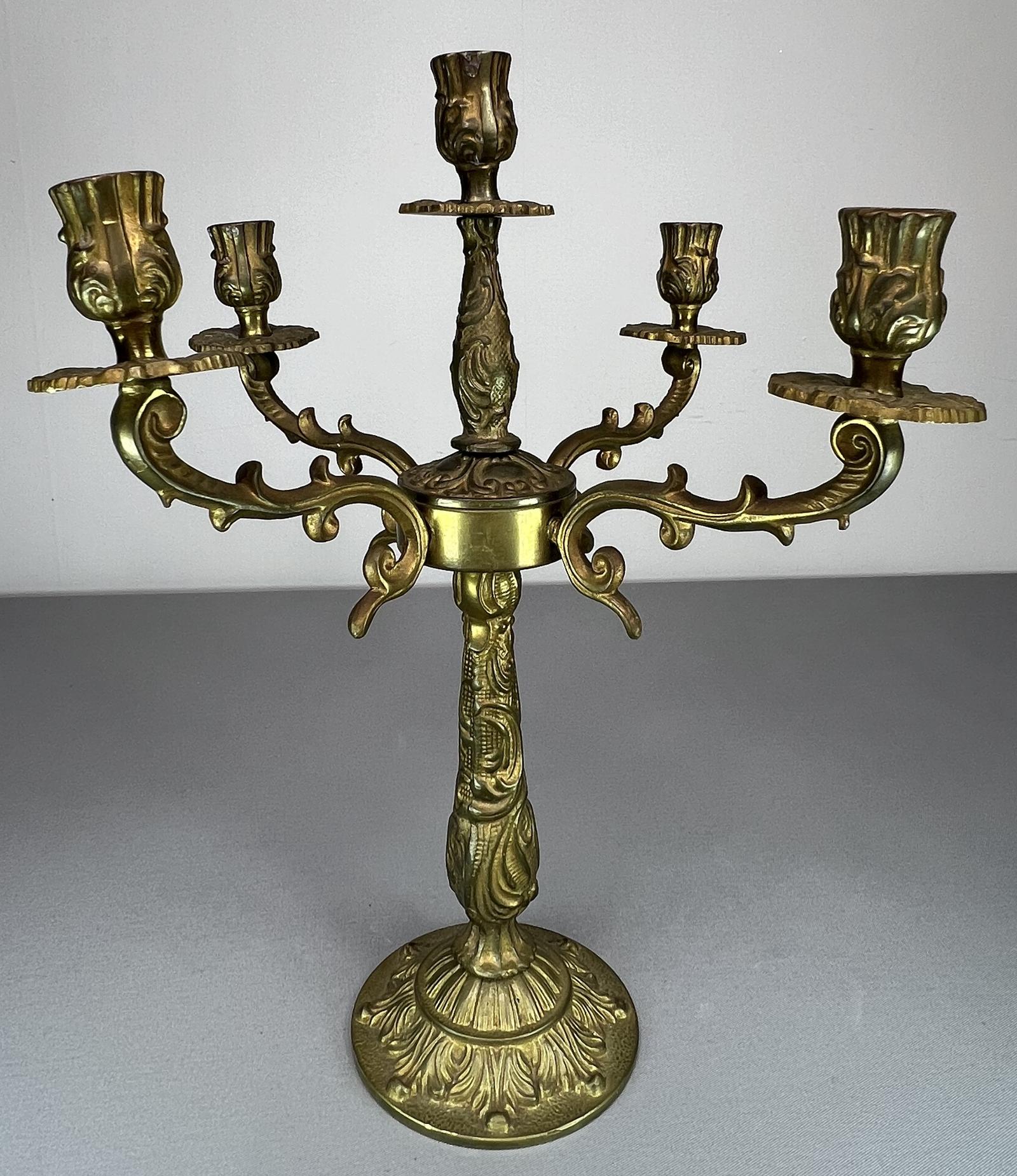 Carved Five Arm French Vintage Brass Candelabra (1 of 10)