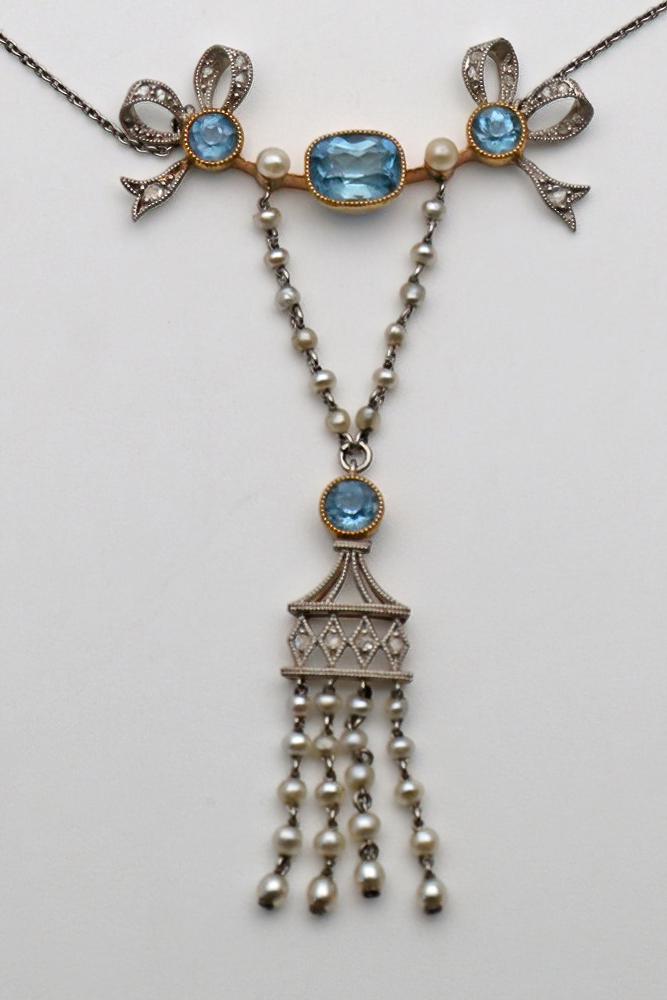 Edwardian Aquamarine Pearl and Diamond Necklace in Platinum and Gold (1 of 3)