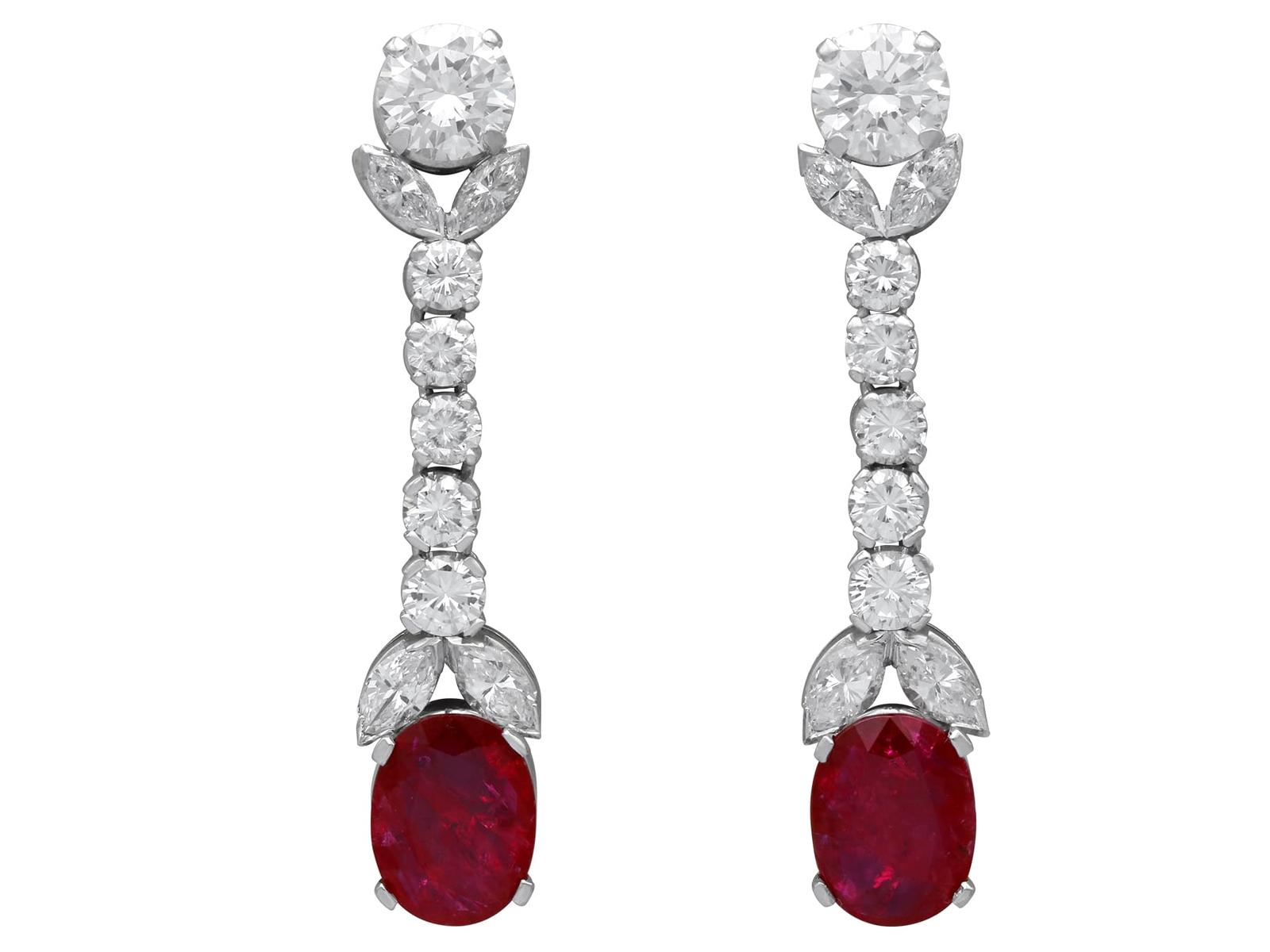 4.93ct Ruby & 5.94ct Diamond, Platinum Drop Earrings c.1935 (1 of 14) 4.93ct Ruby & 5.94ct Diamond, Platinum Drop Earrings c.1935 (1 of 14)