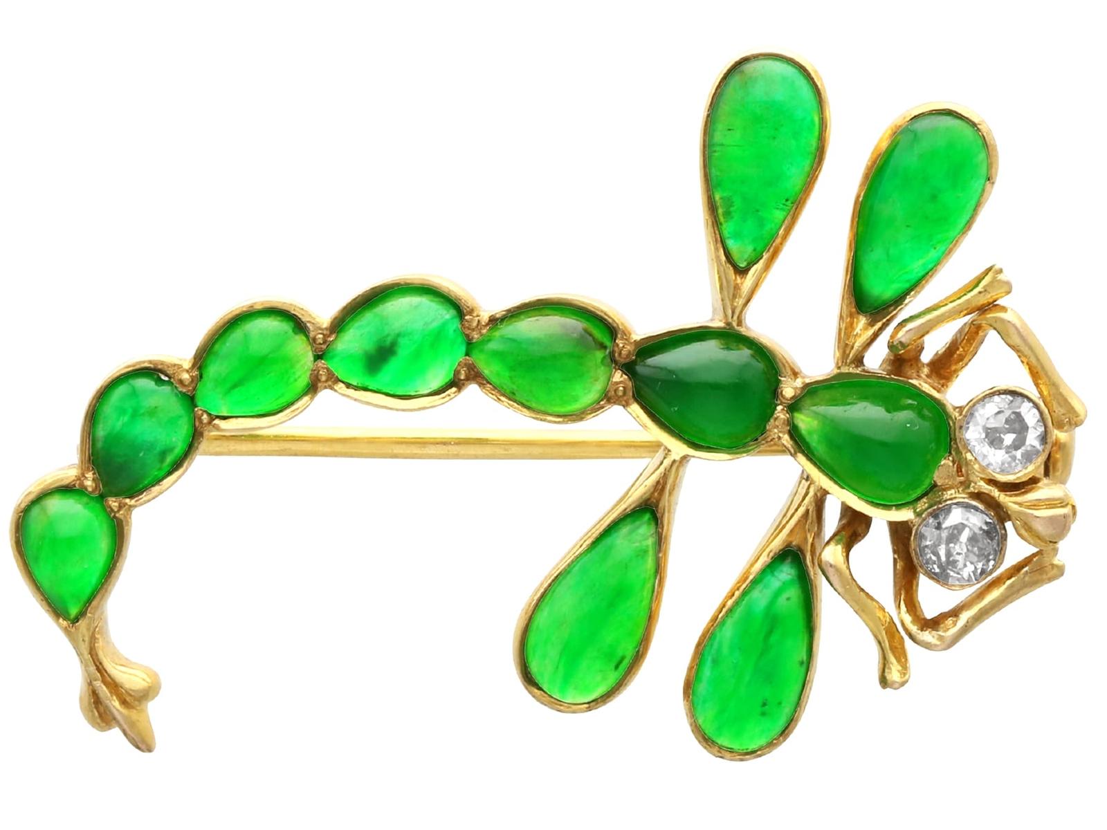 Antique 1.95ct Chrysoprase & 0.14ct Diamond 15ct Yellow Gold Dragonfly Brooch c.1910 (1 of 10)