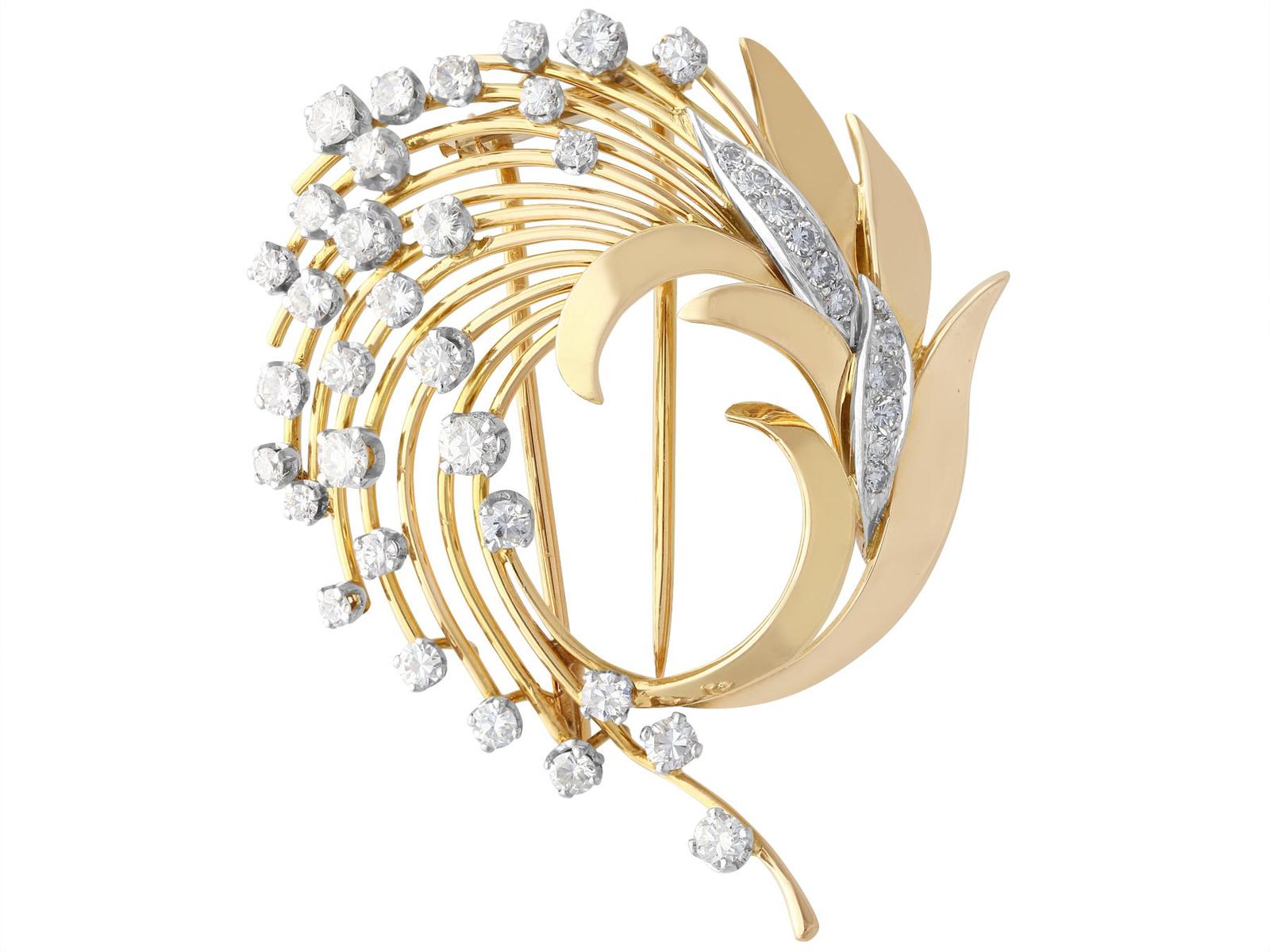 Vintage 2.65ct Diamond & 18ct Yellow Gold Brooch c.1950 (1 of 9)