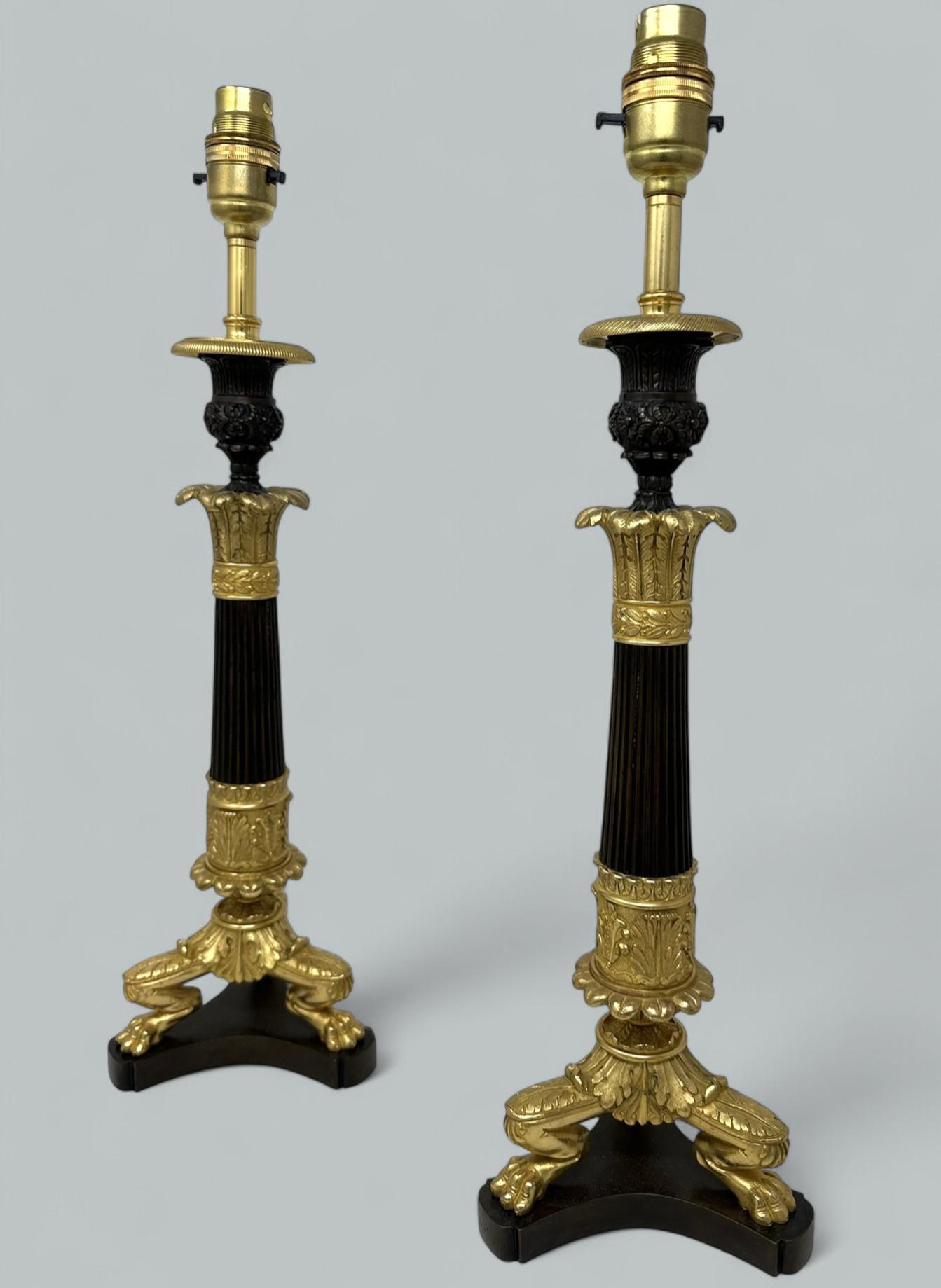 Antique Pair of French Doré Bronze Neoclassical Ormolu Gilt Candlesticks Lamps (1 of 9)