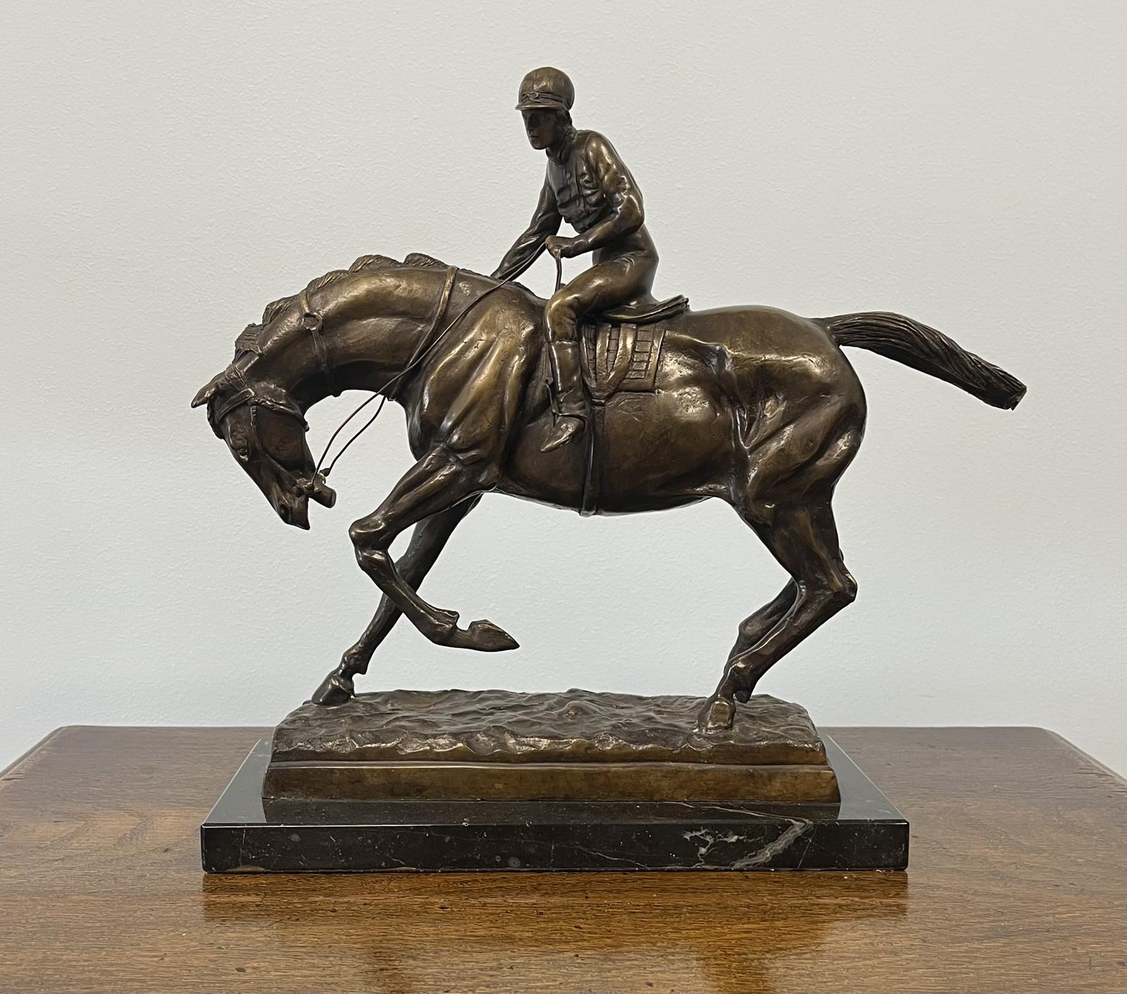 Bronze of Jockey on Horseback Raised on Marble Plinth (1 of 1)