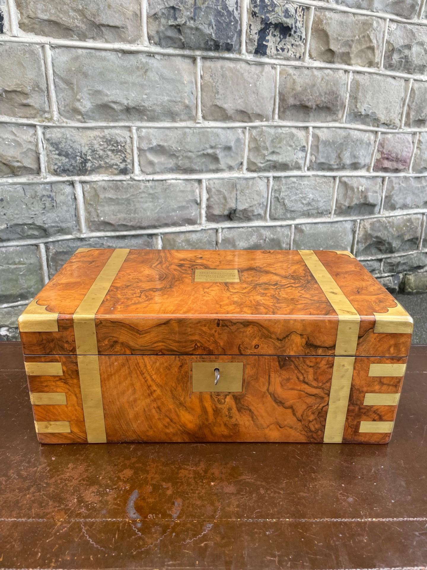 Antique Brass Bound Burr Walnut Writing Box Slope (1 of 18)