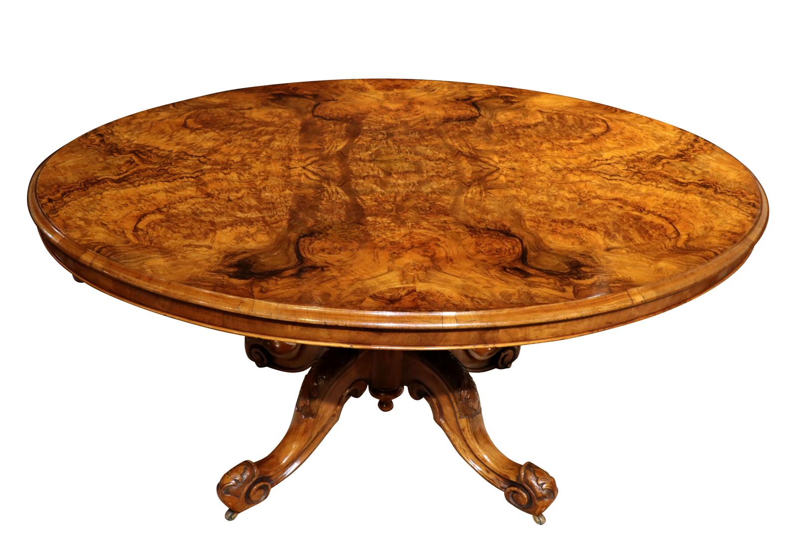 Exceptional Victorian Burr Walnut Oval Breakfast Table on Carved Quadrapod Base, c.1870 (1 of 9) Exceptional Victorian Burr Walnut Oval Breakfast Table on Carved Quadrapod Base, c.1870 (1 of 9)