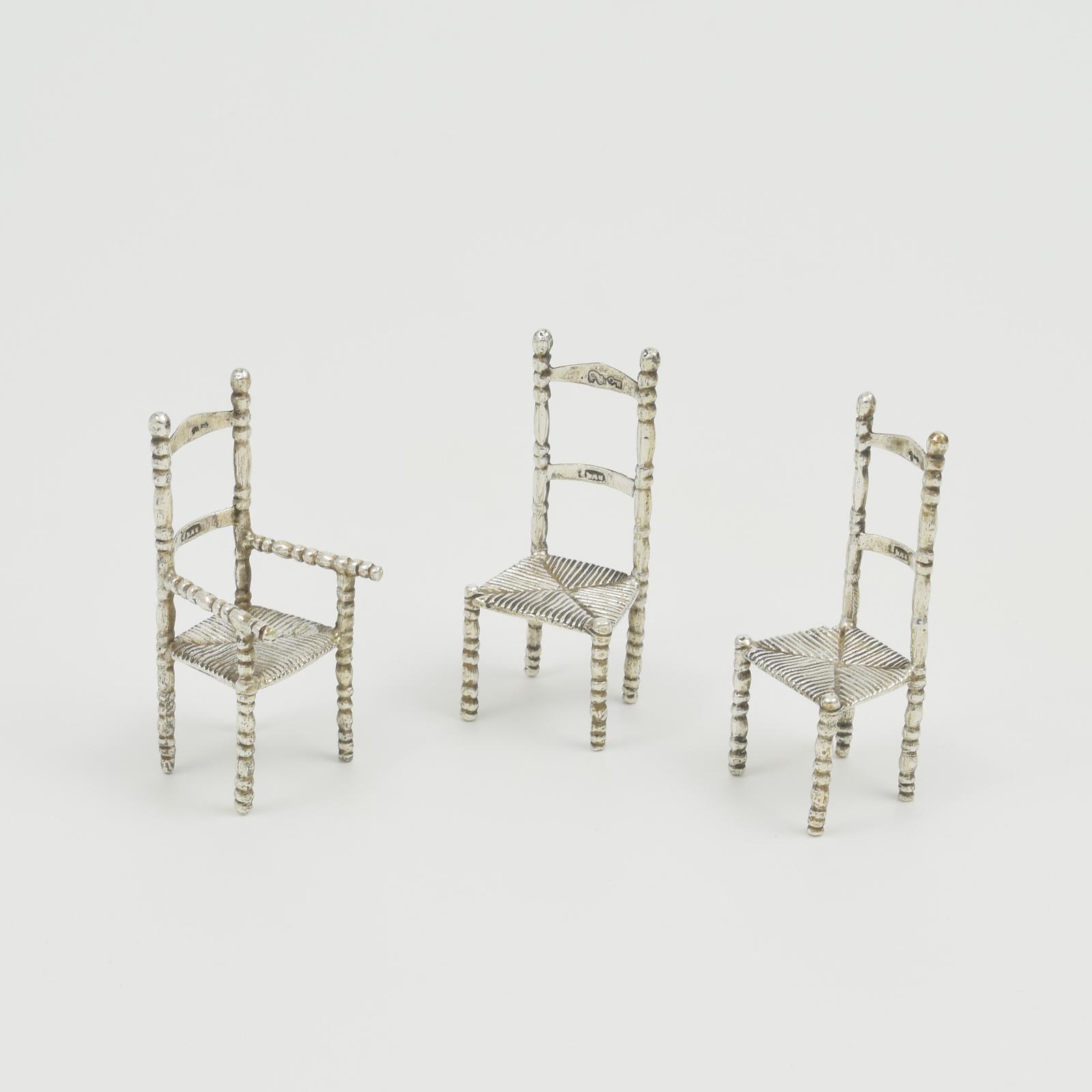 Set of Antique Dutch Miniature Silver Chairs / Doll's House Furniture (1 of 9)