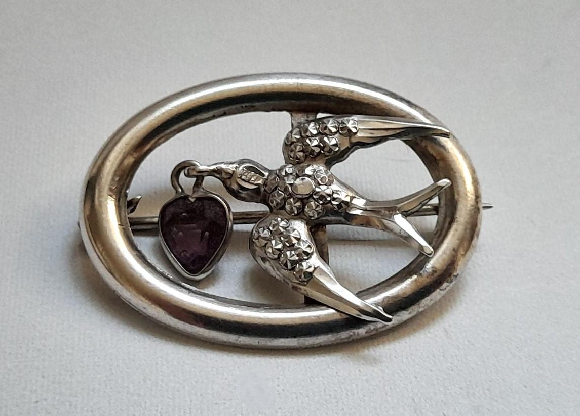 Edwardian Silver & Amethyst Sweetheart Brooch (1 of 5)