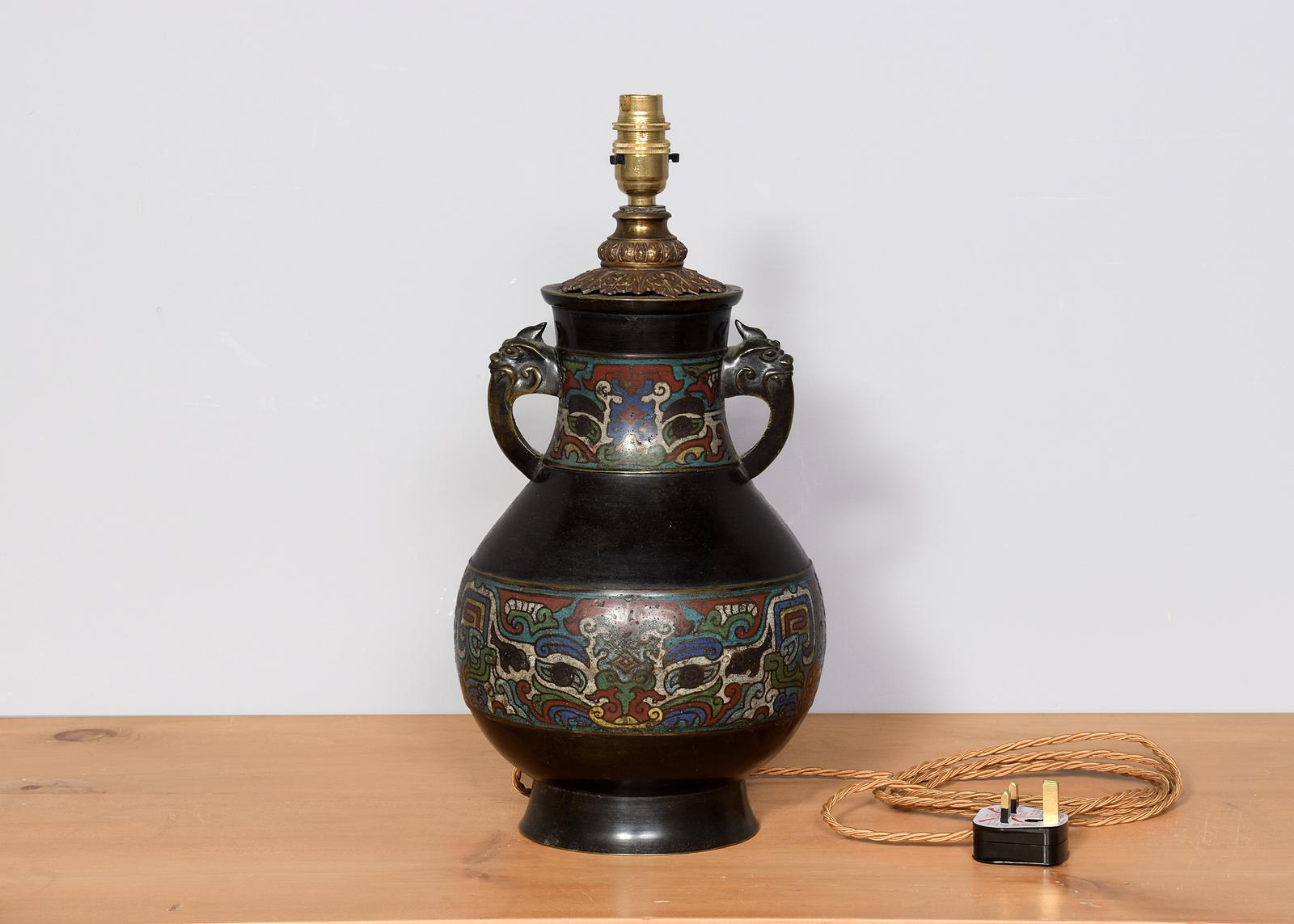 Antique Japanese Bronze and Champlevé (Enamel Inlaid) Vase Converted to a Lamp (1 of 7) Antique Japanese Bronze and Champlevé (Enamel Inlaid) Vase Converted to a Lamp (1 of 7)
