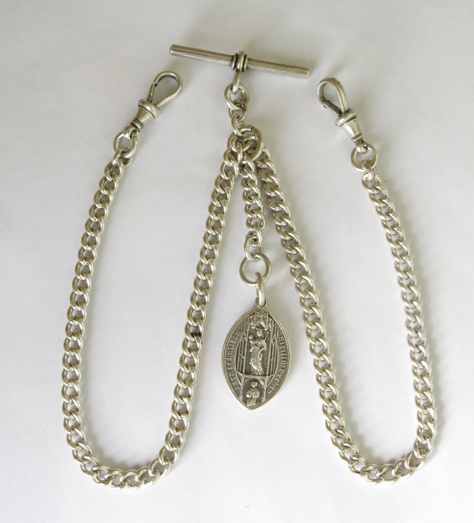 Antique Silver Double Watch Chain and Giggleswick Fob (1 of 2) Antique Silver Double Watch Chain and Giggleswick Fob (1 of 2)