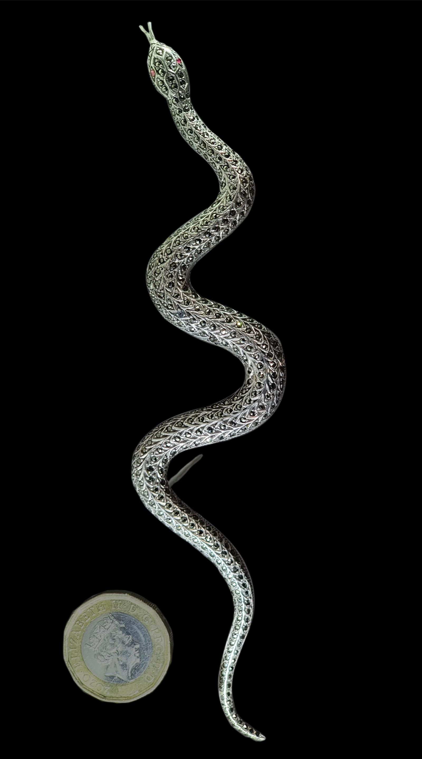 Art Deco 1920s Stirling Silver and Marcasite Snake Brooch (1 of 5)
