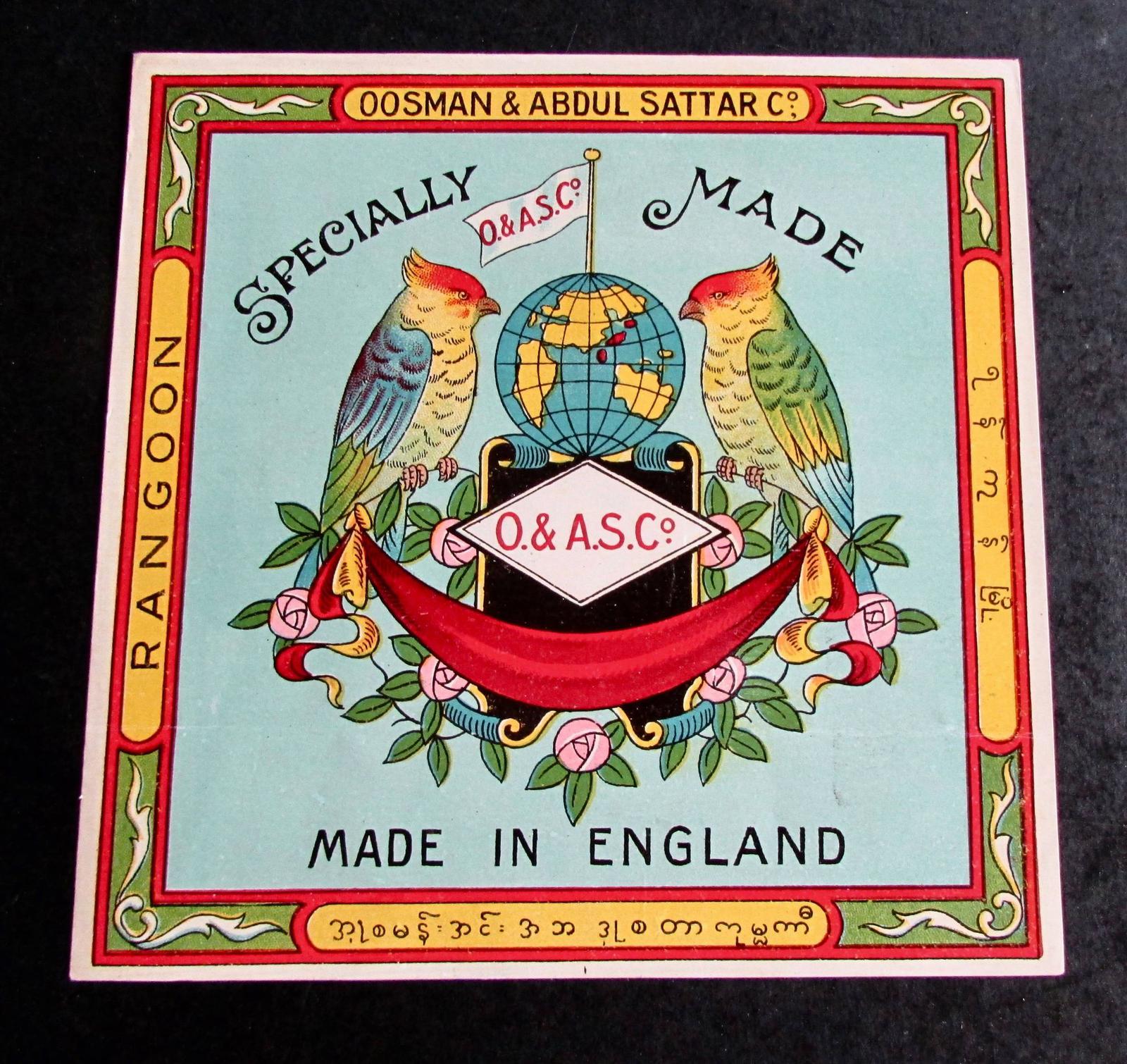 1920's Packaging Adverting Label From Rangoon Oosman & Abdul Sattar (1 of 2)
