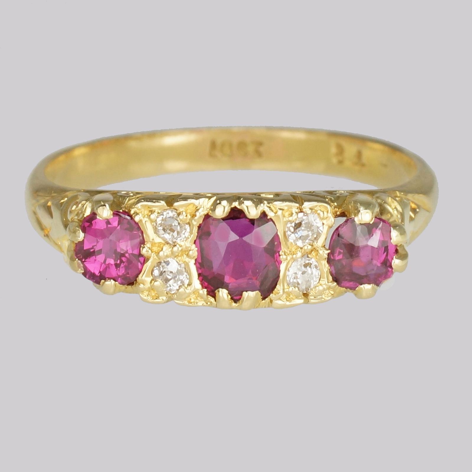 Victorian Ruby and Diamond Ring 18ct Gold Antique Trilogy Ring (1 of 7)