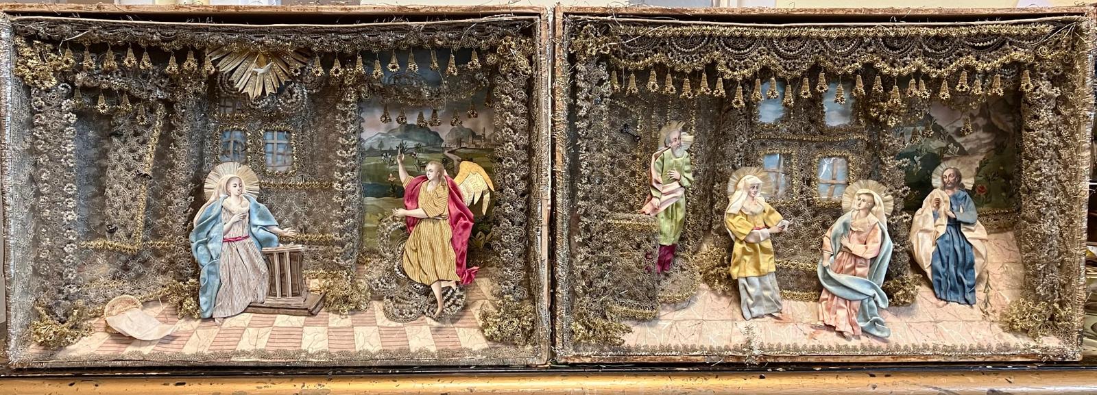 Rare Pair of Religious Shadow Boxes 1850s Intricate Wire Work & Paintings (1 of 9) Rare Pair of Religious Shadow Boxes 1850s Intricate Wire Work & Paintings (1 of 9)