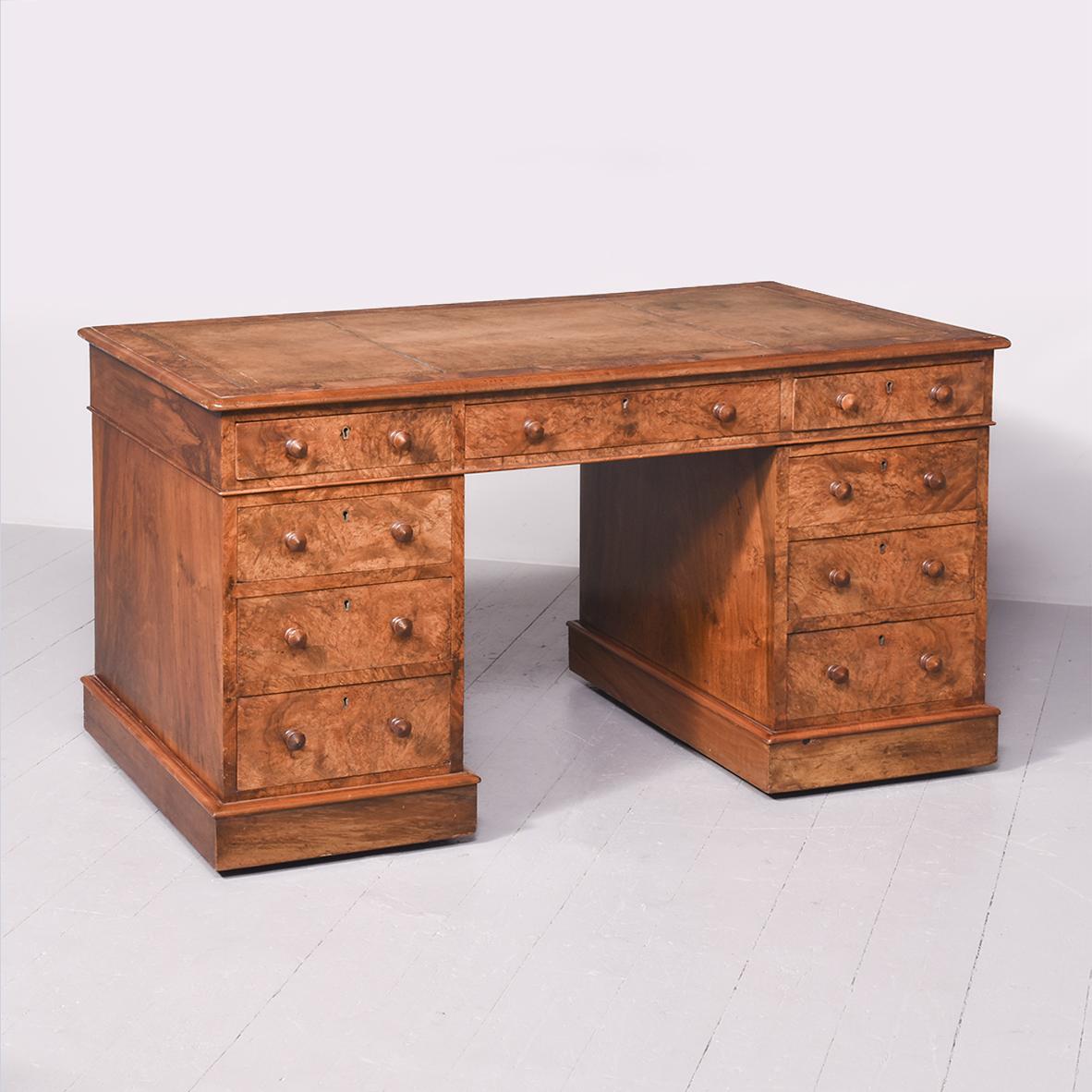 Quality Large Mid Victorian, Free-standing Burr Walnut Pedestal Desk (1 of 10) Quality Large Mid Victorian, Free-standing Burr Walnut Pedestal Desk (1 of 10)
