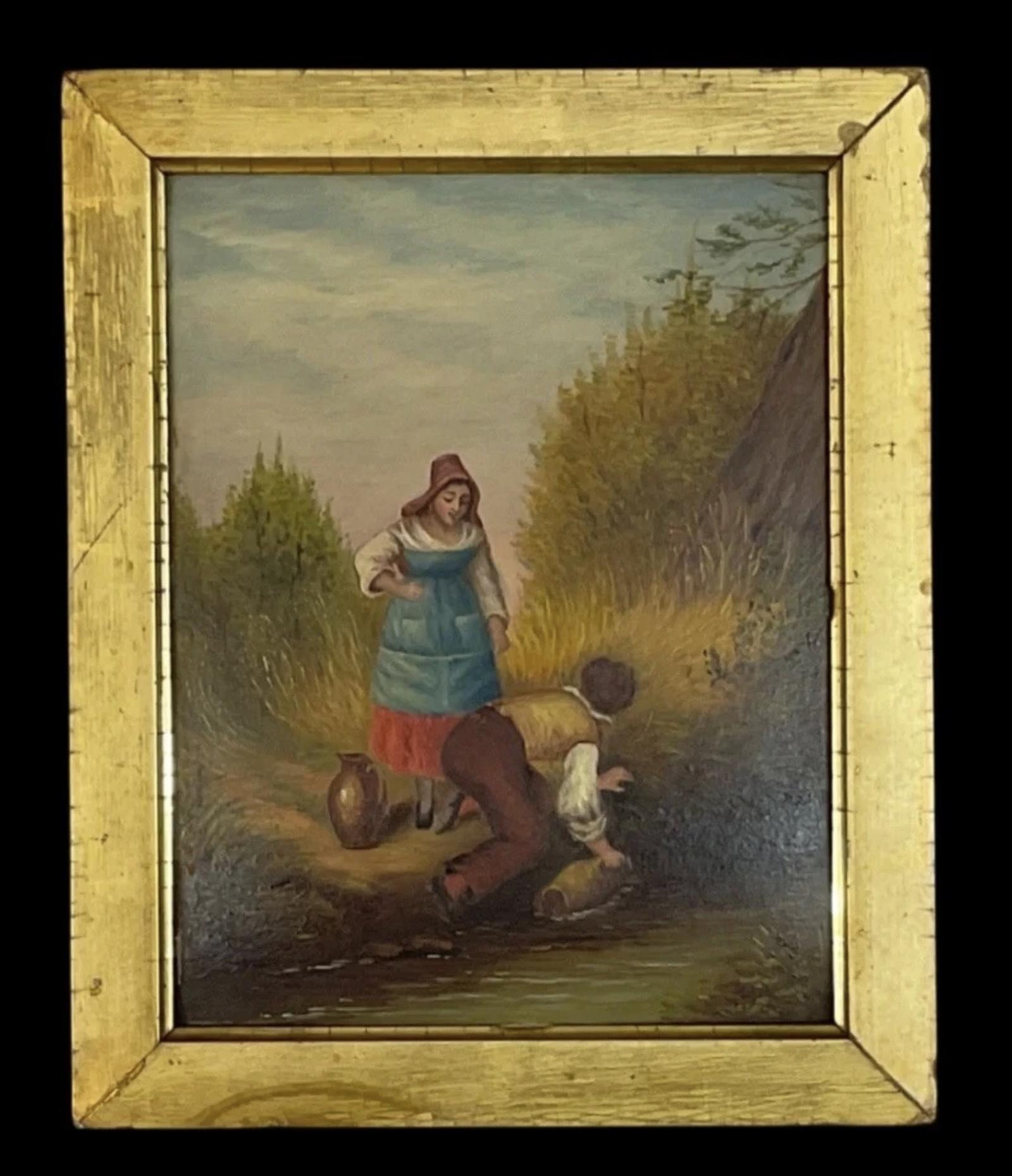 Victorian Oil On Board Painting Of A Young Couple Collecting Water By A Stream C1860 (1 of 4) Victorian Oil On Board Painting Of A Young Couple Collecting Water By A Stream C1860 (1 of 4)