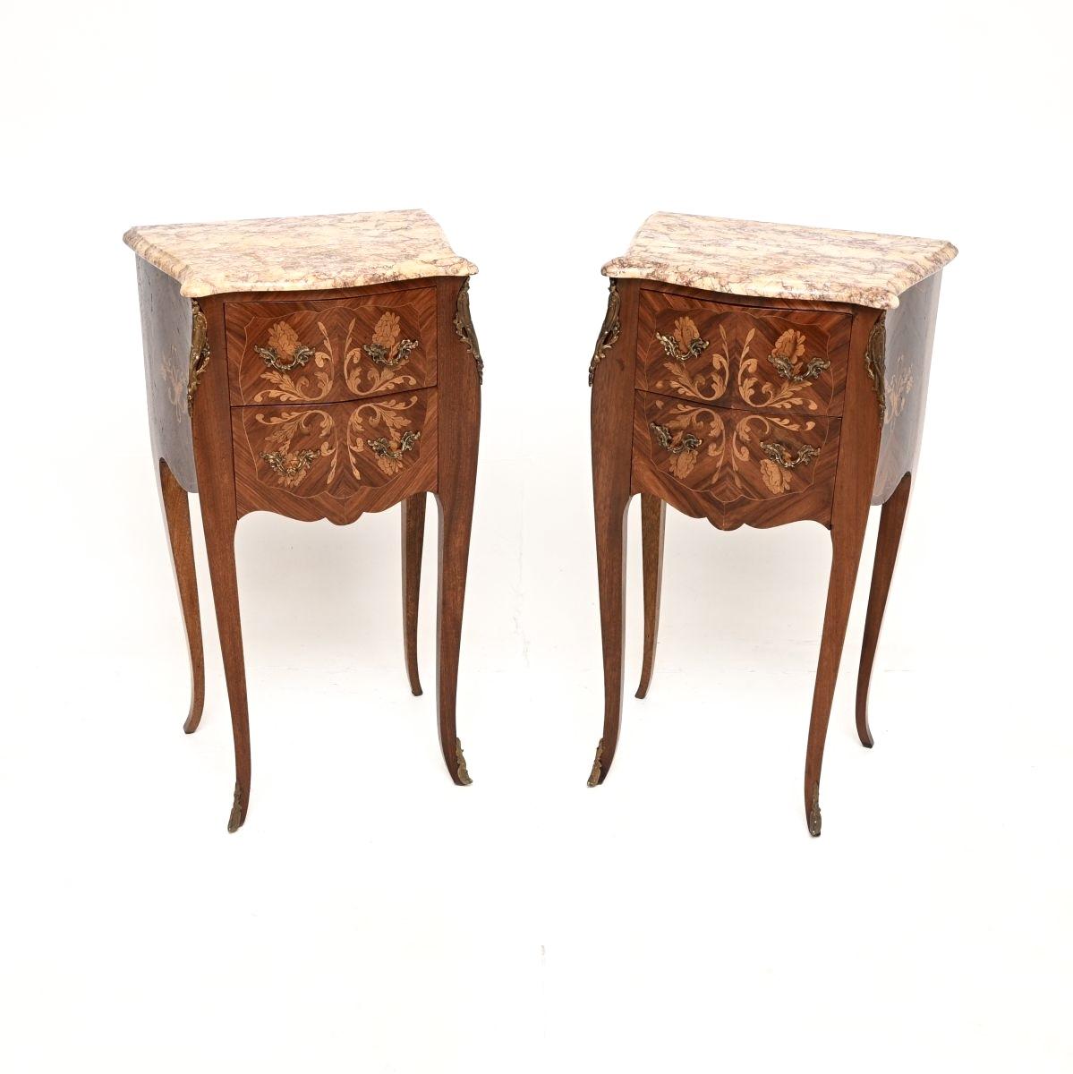 Pair of Antique French Inlaid Marquetry Marble Top Bedside Chests (1 of 10) Pair of Antique French Inlaid Marquetry Marble Top Bedside Chests (1 of 10)