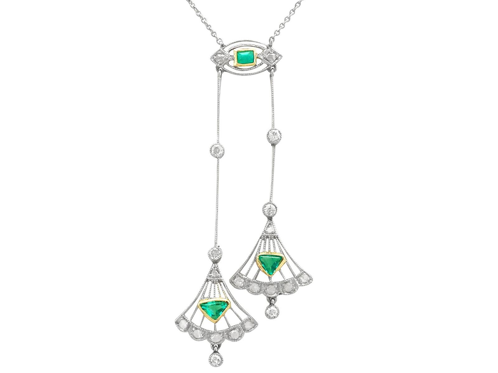 0.25ct Emerald & 0.30ct Diamond, 18ct Yellow Gold Necklace - Art Deco Antique c.1920 (1 of 9)