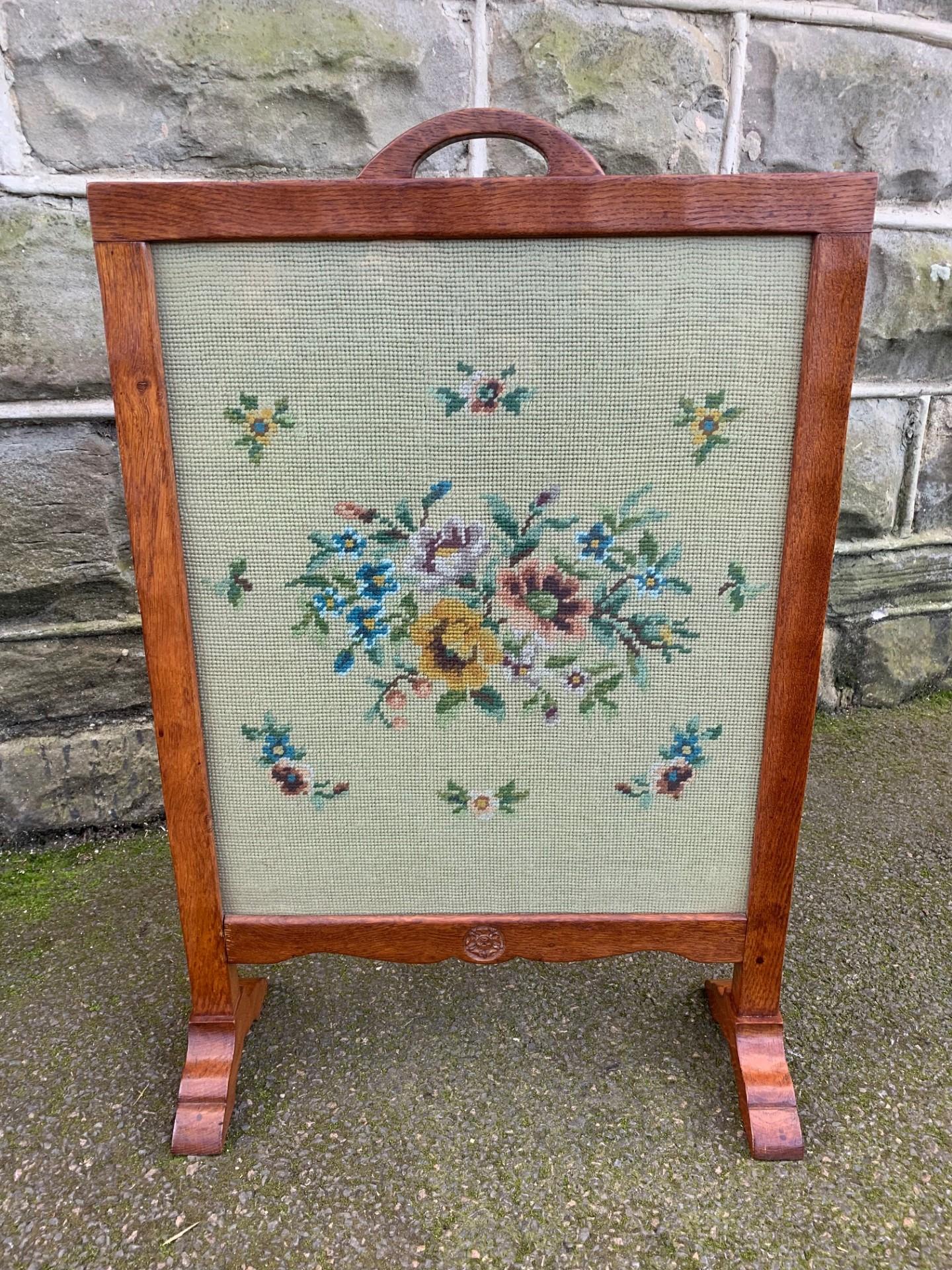 Mouseman Style Adzed Oak & Tapestry Fire Screen (1 of 9)