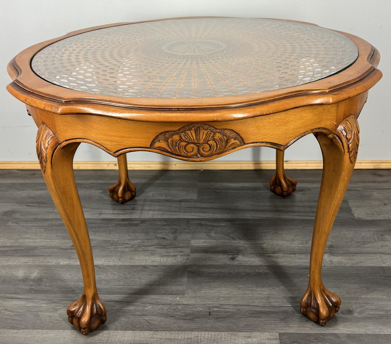 Coffee Table Vintage French Oak Round Glass Top Ornate Cane Table (1 of 12)
