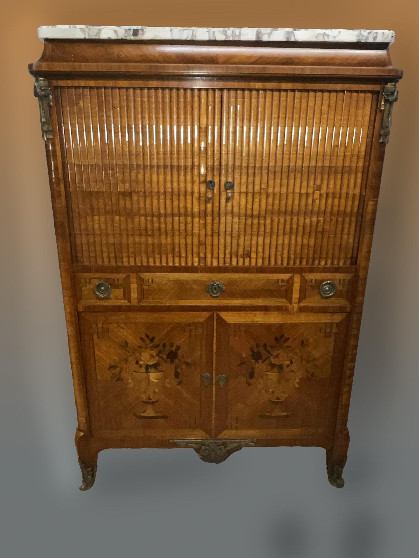 Tambour Fronted Marquetery Writing Cabinet c.1900 (1 of 6)