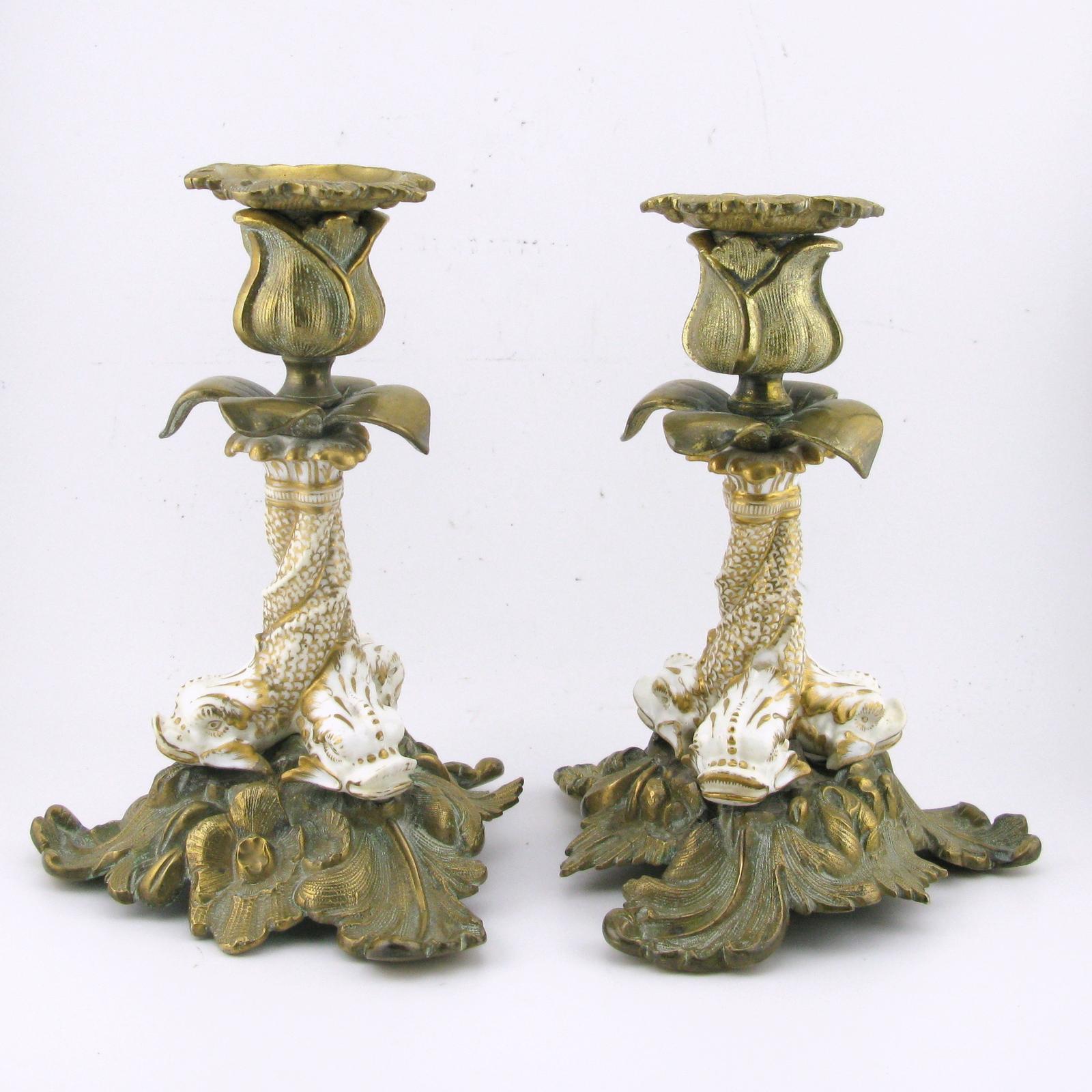 Pair of 19th Century English Ormolu & Porcelain Candlesticks (1 of 9)